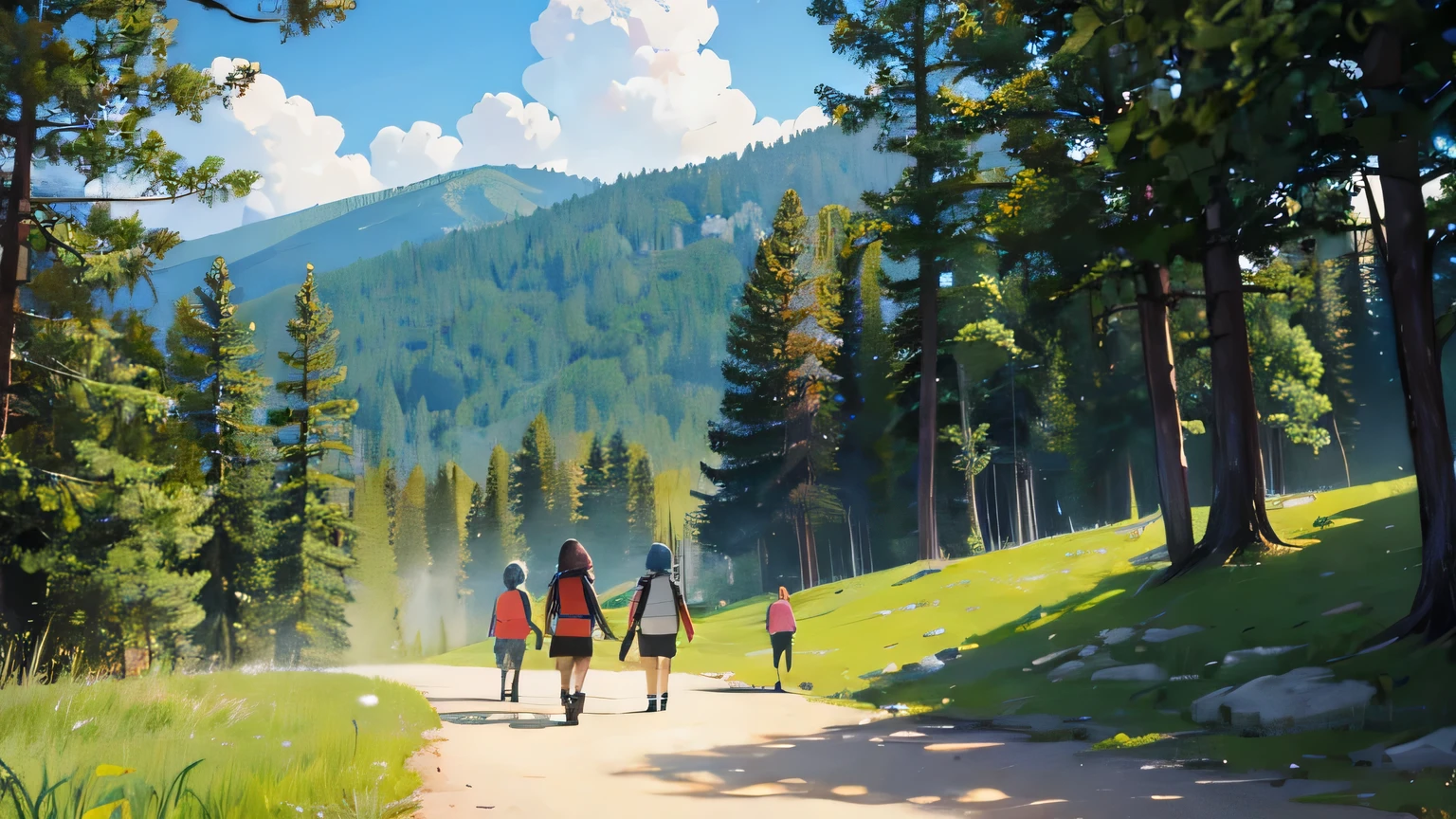 Three people playing and exploring in the forest