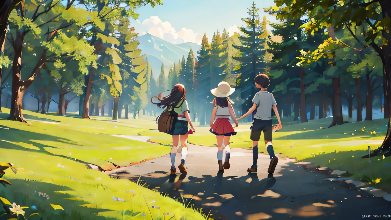 Three people playing and exploring in the forest