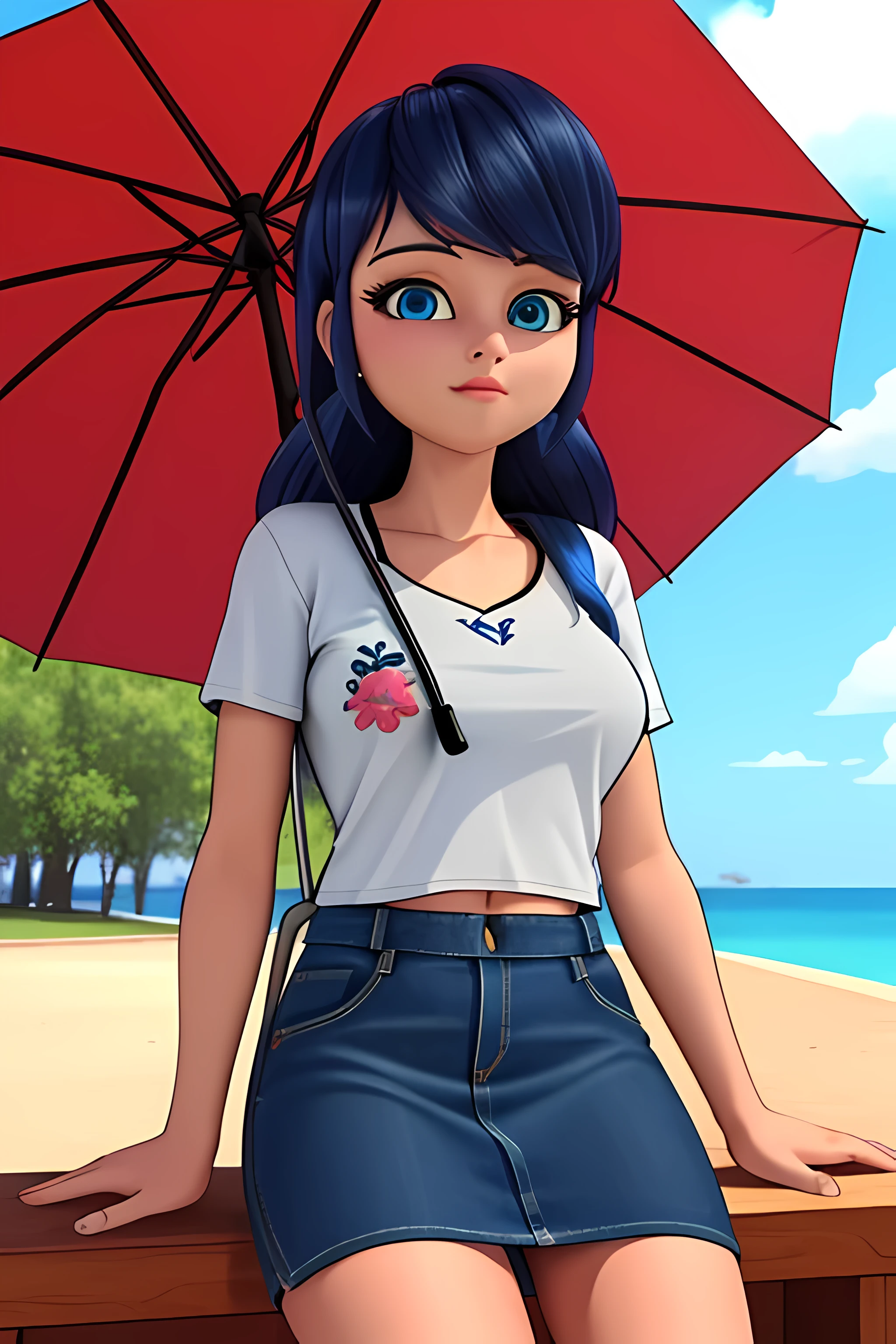 (8k, RAW photo, best quality, masterpiece:1.2), (intricate details), perfect eyes, perfect face, perfect lighting, beautiful, (masterpiece:1.2), (best quality:1.2), 1girl, solo, marinette, blue hair, ((long loosen hair)), adult torso, 17 years old, slight smile, big sized breasts, (denim skirt, short skirt, red navel t-shirt), cowboy shot, 3DMM, seated, sunglasses, cap, holding an umbrella, front view