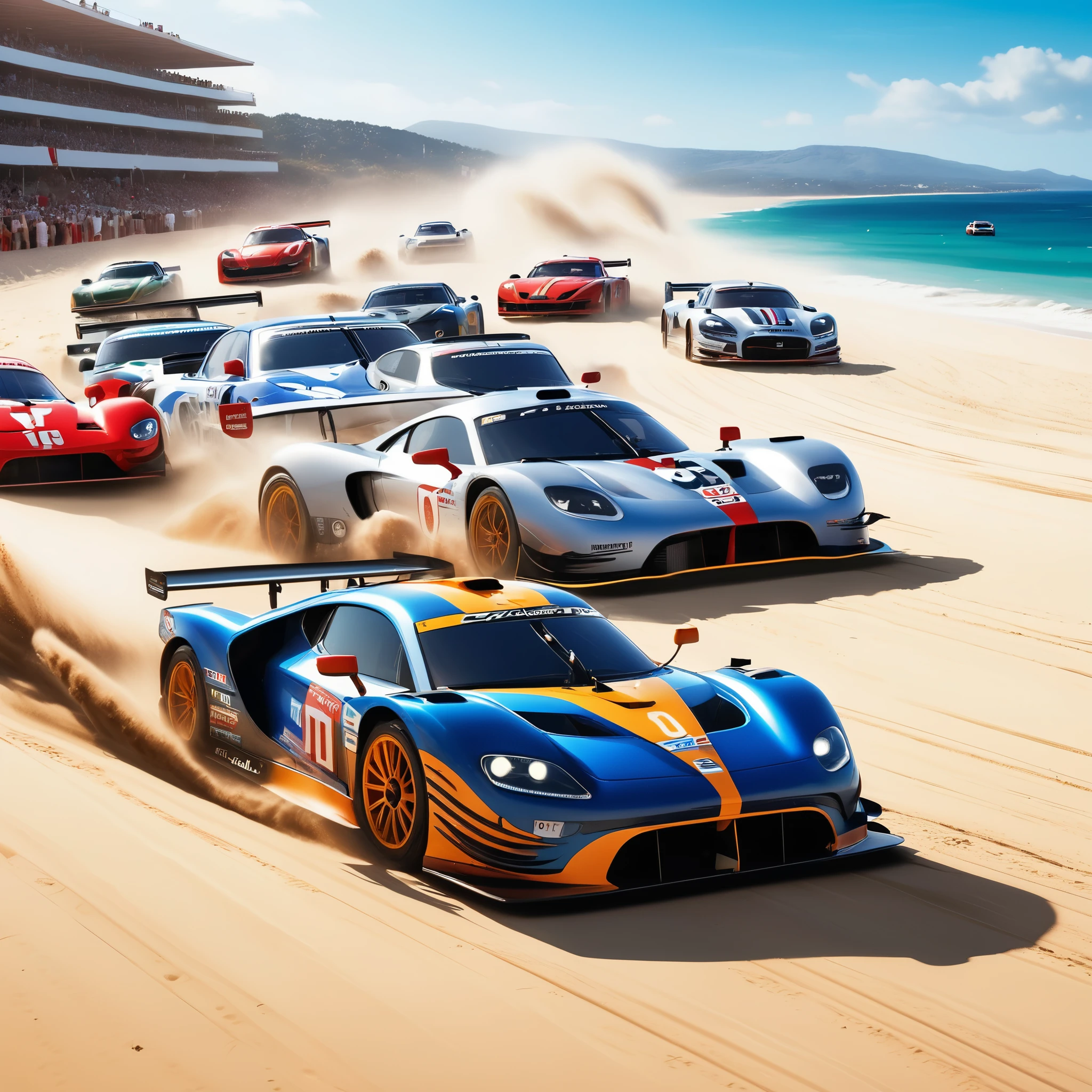 beach racing ，Dozens of stylish racing cars line up along the beach，Aerodynamic design and huge air intakes，Speeding down the sandy runway，Throwing up billows of dust and gravel，The roar of engines and squealing tires echoed across the beach，The perfect blend of speed and passion，It's like you're in it，Experience this level of speed feast。
