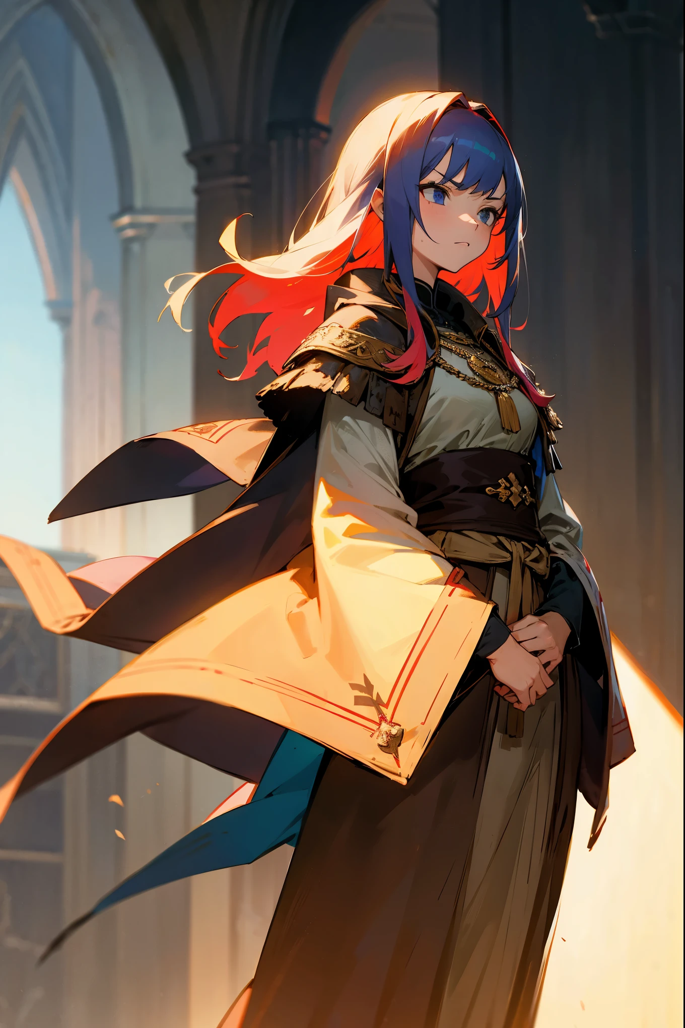 1female, multi-colored hair, multiple hair colors, medium length hair, angry expression, light medieval clothing, accented clothing, guild hall background, detailed background, standing on path