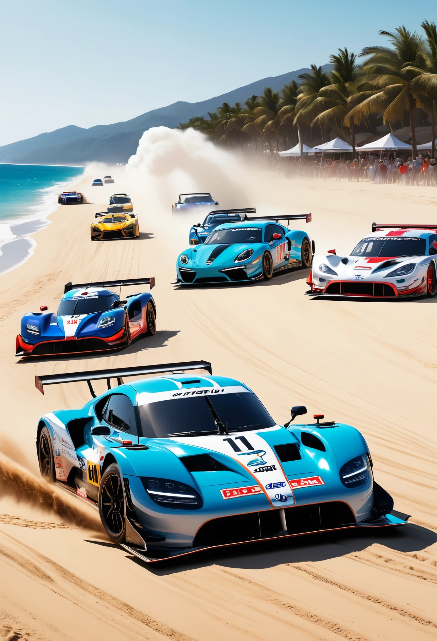 beach racing ,Dozens of stylish racing cars line up along the beach,Aerodynamic design and huge air intakes,Speeding down the sandy runway,Throwing up billows of dust and gravel,The roar of engines and squealing tires echoed across the beach,The perfect blend of speed and passion,It's like you're in it,Experience this level of speed feast。