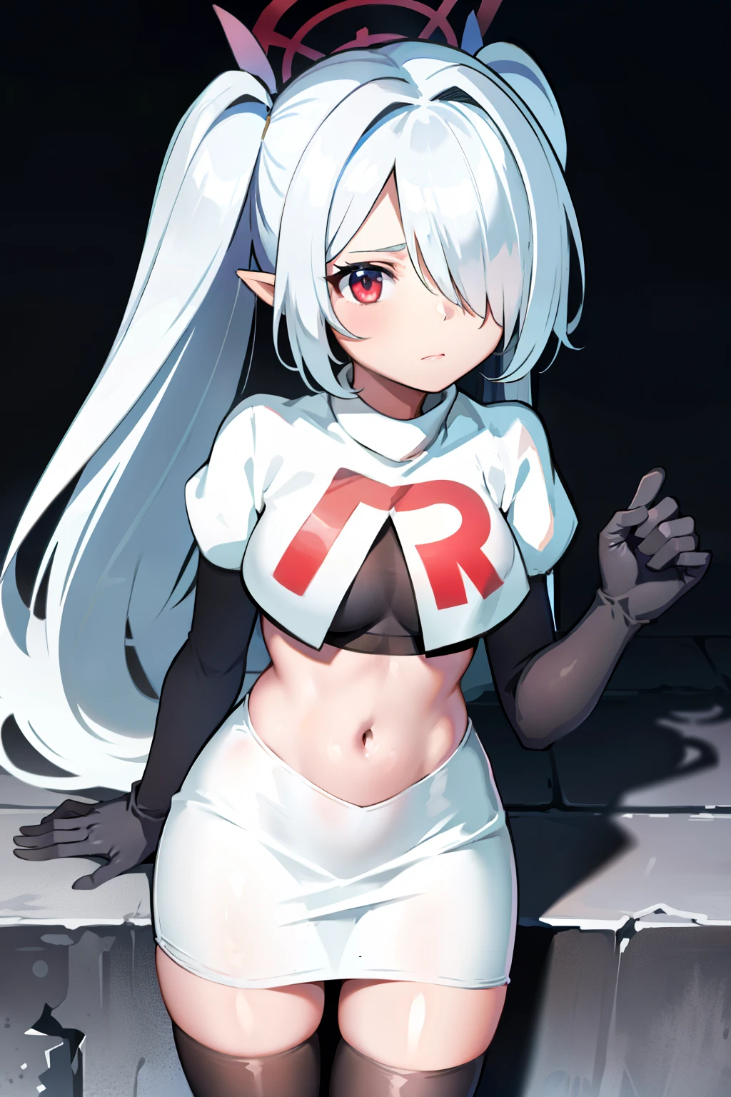 (masterpiece), 1girl, hair over one eye,magical world, shiny steps, beautiful sky, stars, jupiter, ioridef, team rocket,team rocket uniform, red letter R, white skirt,white crop top,black thigh-highs, black elbow gloves