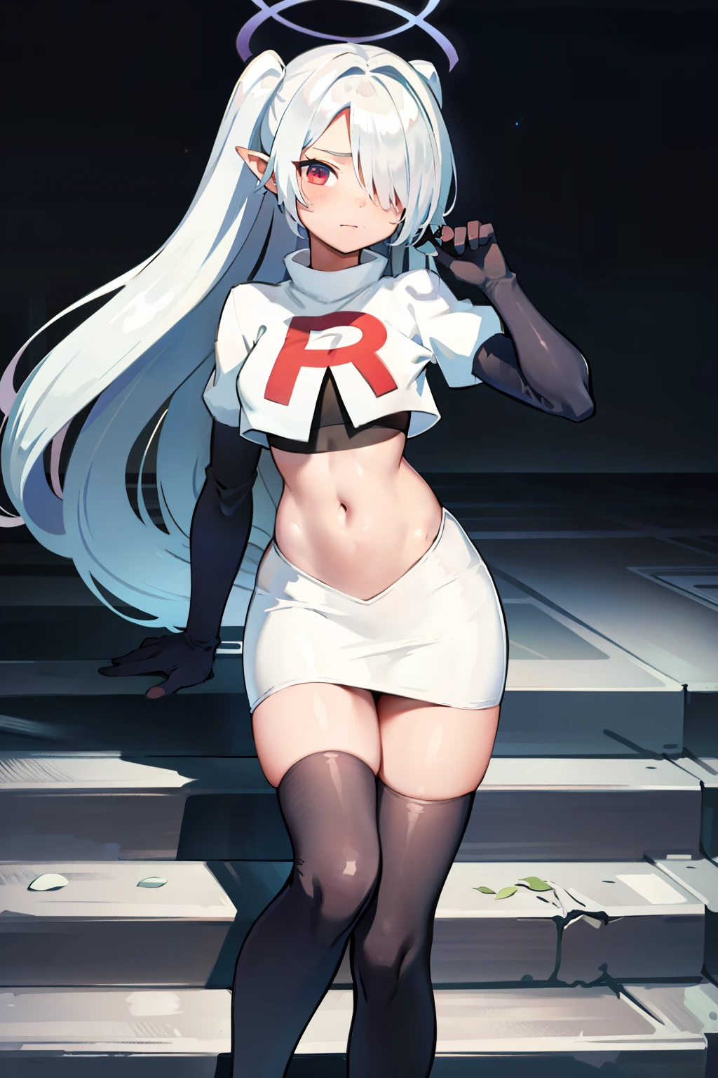 (masterpiece), 1girl, hair over one eye,magical world, shiny steps, beautiful sky, stars, jupiter, ioridef, team rocket,team rocket uniform, red letter R, white skirt,white crop top,black thigh-highs, black elbow gloves