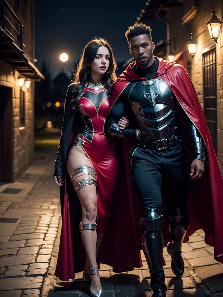 female (((((satisfied, night, dark, blood moon, green velvet evening gown, black red cape, vampire, (((handsome athletic male protecting woman ([african:european:0.5] girl)))), black chrome armor:1.0, romance novel cover, medieval castle)), black lips, dark makeup))), posing, dynamic cinematic pose, at night, dark, feminine athletic detailed body and face, highly detailed expressive , space above head, depth of field, ultra realistic, Fujifilm, BREAK (long dark hair), (((8k, hyperrealistic)))