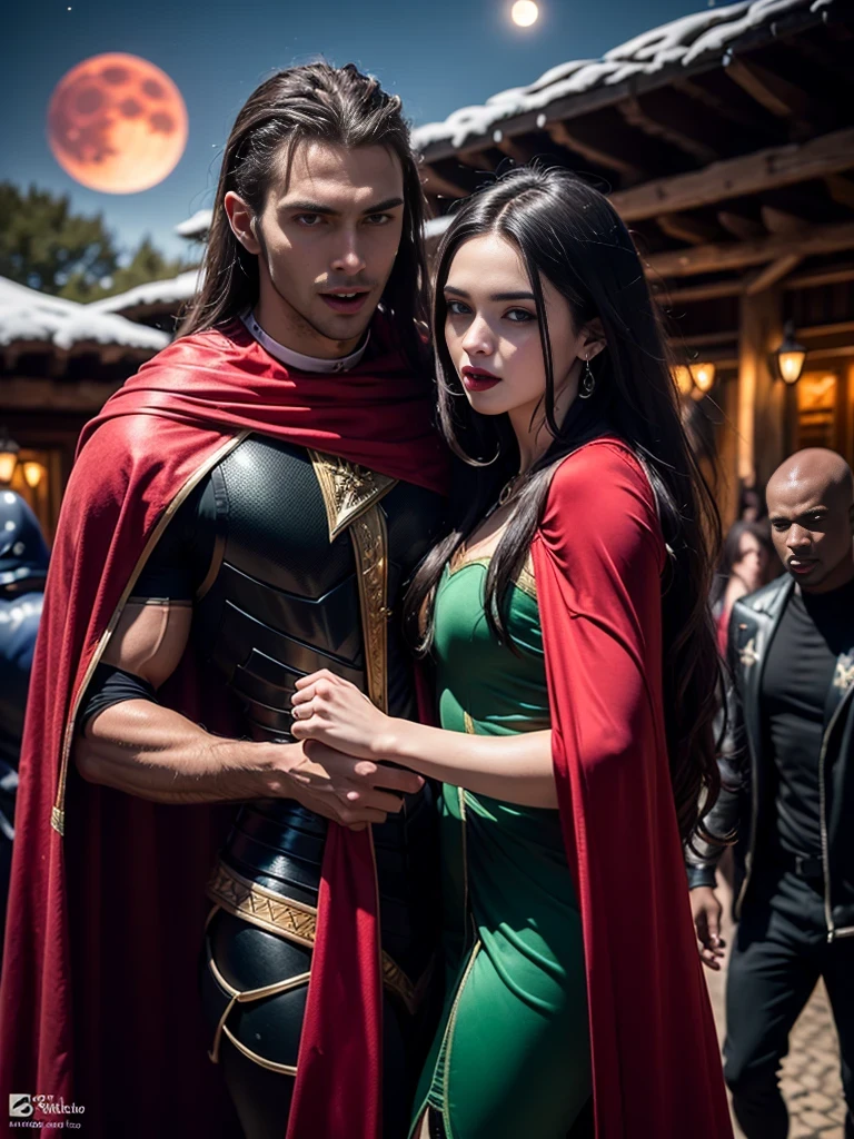 female (((((satisfied, night, dark, blood moon, green velvet evening gown, black red cape, vampire, (((handsome athletic male protecting woman ([african:european:0.5] girl)))), black chrome armor:1.0, romance novel cover, medieval castle)), black lips, dark makeup))), posing, dynamic cinematic pose, at night, dark, feminine athletic detailed body and face, highly detailed expressive , space above head, depth of field, ultra realistic, Fujifilm, BREAK (long dark hair), (((8k, hyperrealistic)))