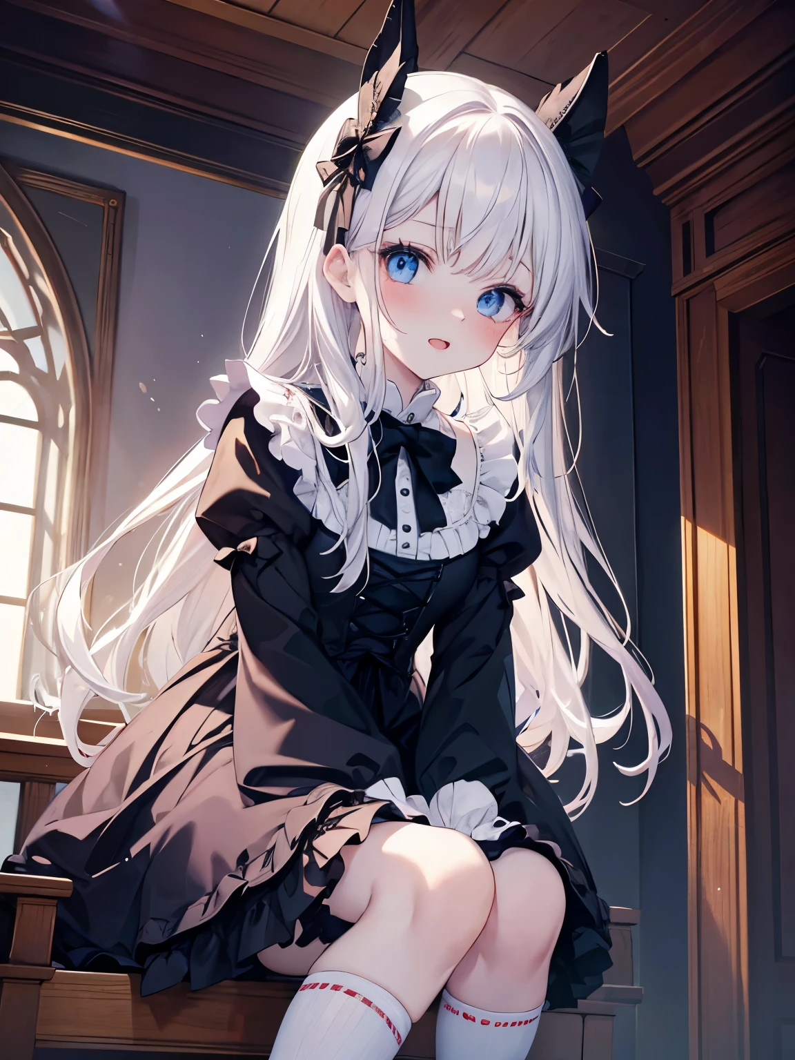 masutepiece, Highest Quality, (Perfect face:1.1), (high detailing:1.1), (ultradetailed eyes), Dramatic, superfine illustration, Extremely detailed, 1girl in, teenager,(pale skin), long white hair, Ethereal eyes, Blue eyes,blush,Solo,Smile, Happy, Laugh, Enjoy, Open mouth, Pouty lips,Cinematic lighting,upper body,looking up, leaning forward,Long sleeve, Gothic lolita, frilld, bow ribbon,knee high socks,indoor,night