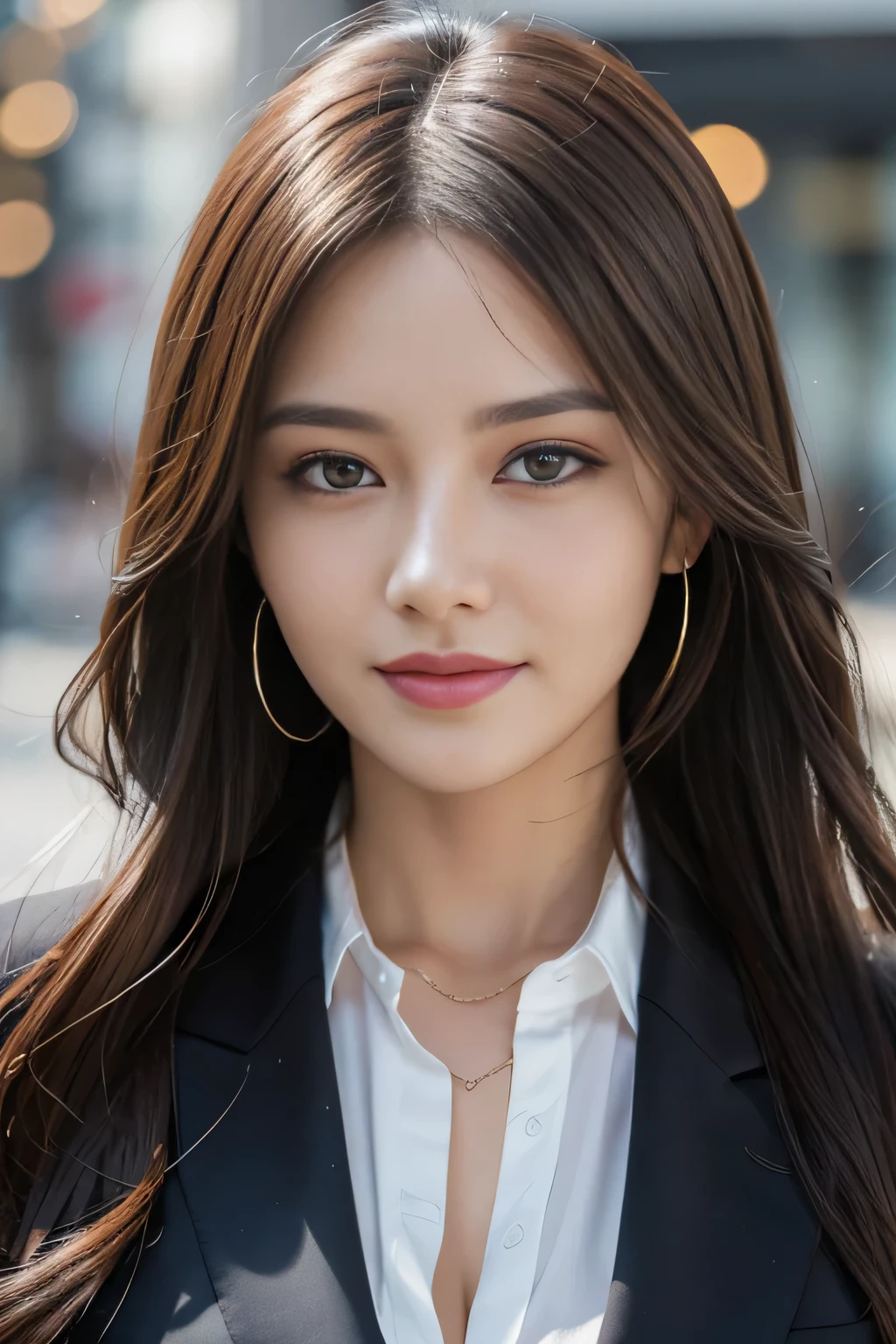 masterpiece, highest quality, realistic, Super detailed, attention to detail, High resolution, 8k wallpaper, one beautiful woman,, light brown messy hair, wearing a business suit, sharp focus, perfect dynamic composition, beautiful and detailed eyes, thin hair, Detailed realistic skin texture, smile, close-up portrait, model body shape