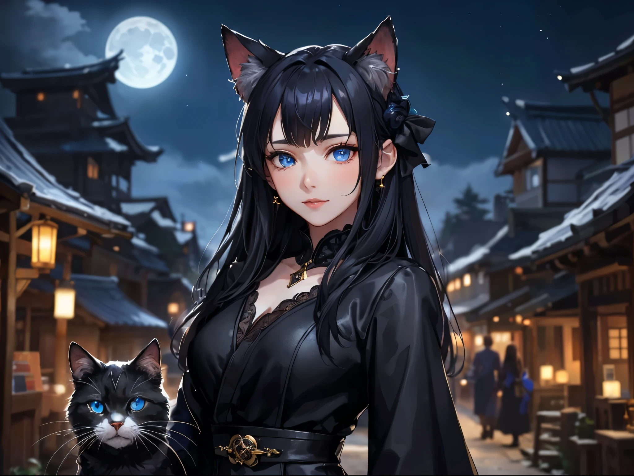 Beautiful girl with witch-like cat ears, beautiful blue eyes, long black hair, mysterious smile, ((the woman's face is beautifully detailed)), moonlight, black dress, black in a rural town at night in Japanese style Cart, black leather shoes)), ((highest quality)), ((high resolution 16k)), ((background is realistic and beautiful)), --Auto