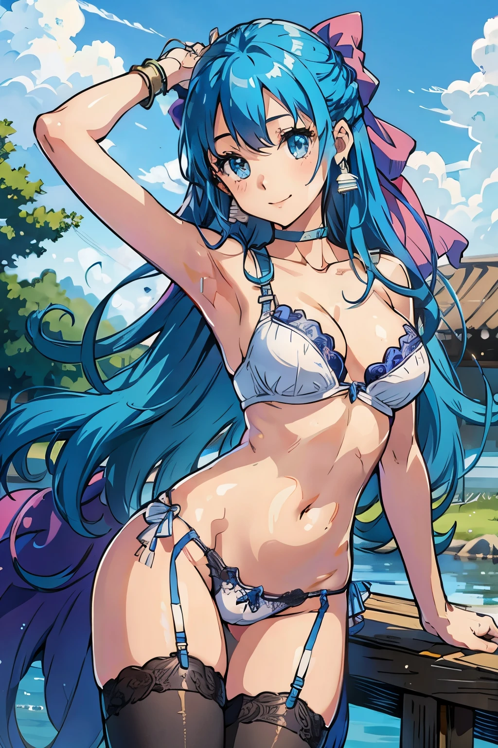 High resolution、highest quality、1 girl、slender、short height、thin thighs、outdoors、shy smile、(Sexual bra with detailed decoration、Sexual panties with detailed decorations、Long light blue hair)、tits、FLORA \(DQ5\),LONG HAIR,HALF UPDO,PINK BOW,EARRINGS,CHOKER,WHITE THIGHHIGHS,SHOES、sexual pose
