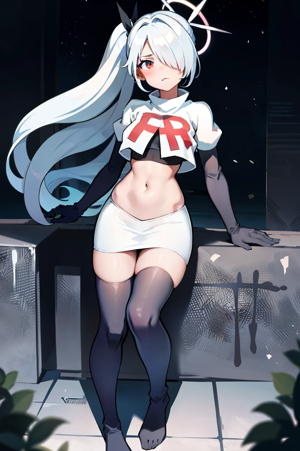 (masterpiece), 1girl, hair over one eye,magical world, shiny steps, beautiful sky, stars, jupiter, ioridef, team rocket,team rocket uniform, red letter R, white skirt,white crop top,black thigh-highs, black elbow gloves