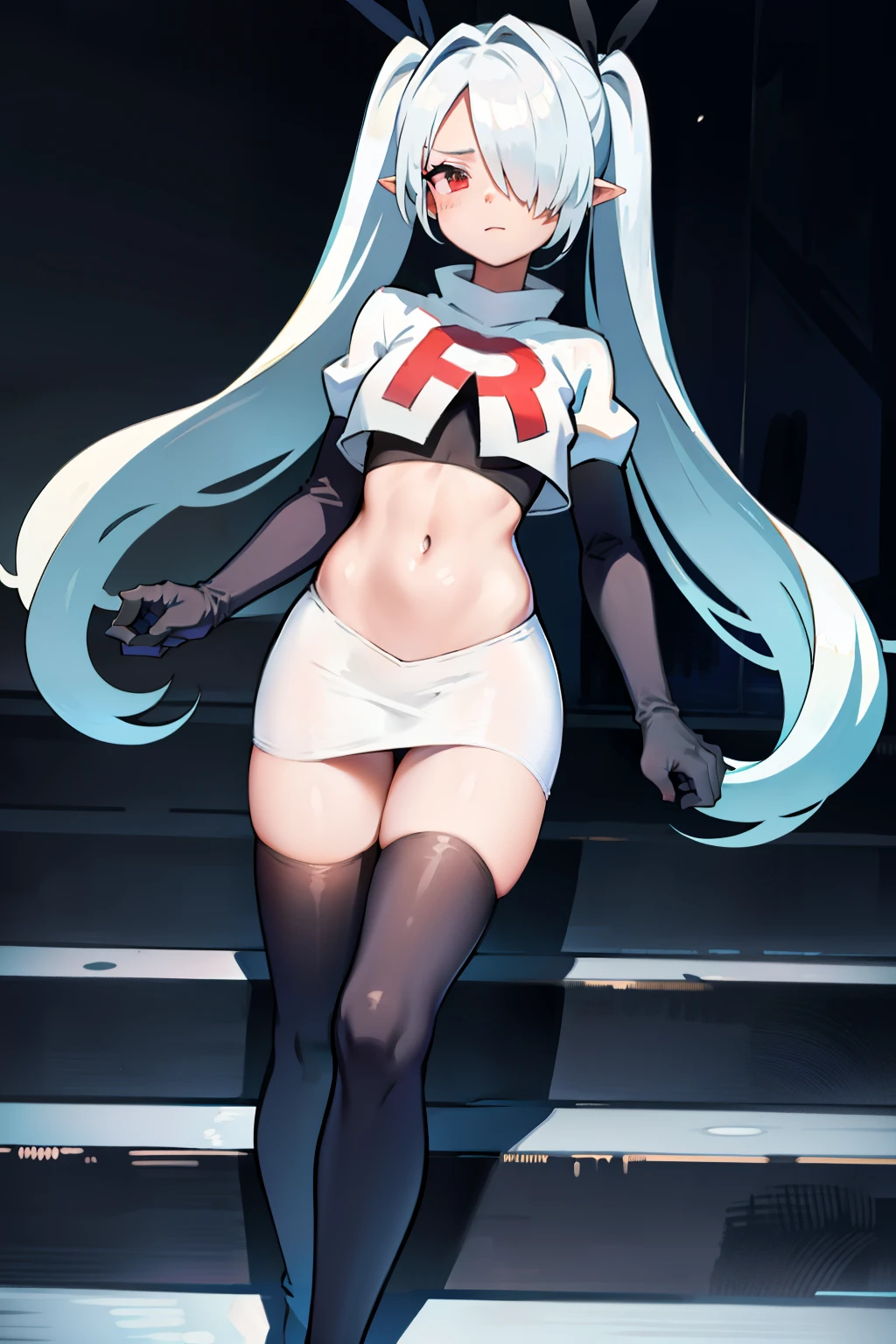 (masterpiece), 1girl, hair over one eye,magical world, shiny steps, beautiful sky, stars, jupiter, ioridef, team rocket,team rocket uniform, red letter R, white skirt,white crop top,black thigh-highs, black elbow gloves