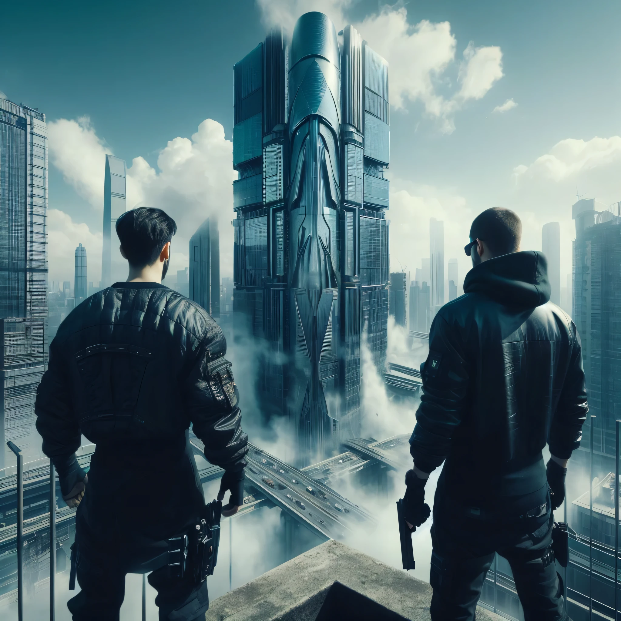 two men standing on a ledge looking at a city, depicted as a scifi scene, futuristic cyberpunk scenario, dystopian scifi apocalypse, beeple and greg rutkowski, cinematic beeple, in a futuristic cyberpunk city, in a futuristic city, hyper-realistic cyberpunk style, beeple and mike winkelmann, scifi cyberpunk