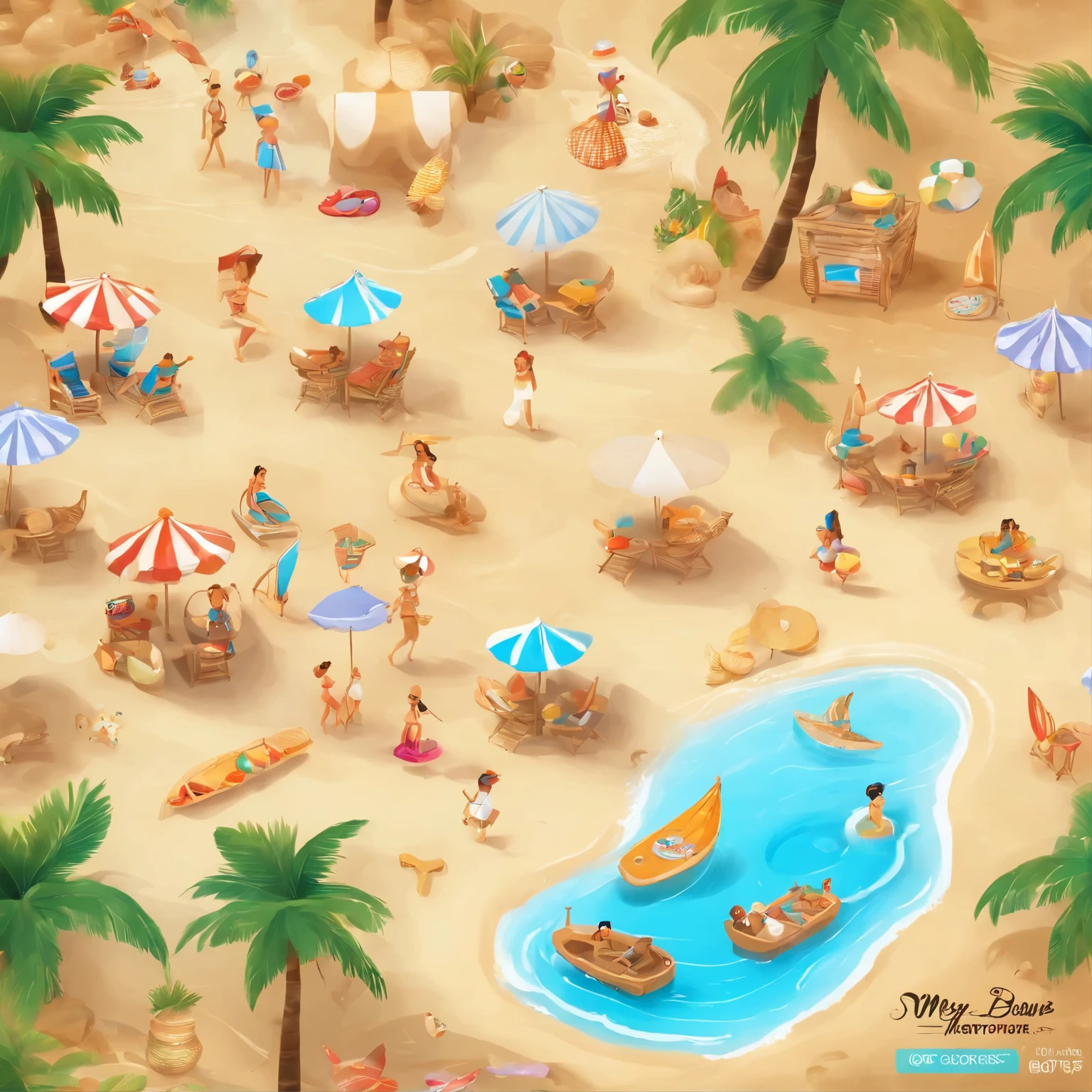 Animated characters and people enjoying an energetic and creative beach on a sunlit golden beach, colorful beach umbrellas shining under the sun, Mickey Mouse driving a racing car, trendsetting decorations and Disney splash art from Polycount adorning the seashore, presence of esteemed characters like Chengdu Fatty and man-made beach elements adding to the summery atmosphere. Decorative elements like seashell-shaped cookies neatly arranged in wicker baskets, detailing the scene, use of authorized commercial images and art illustrations from visual content platforms for creativity and personalized design, pop-color scheme captured through Lightroom Preset movie coloration LUT preset, intricate detailing.