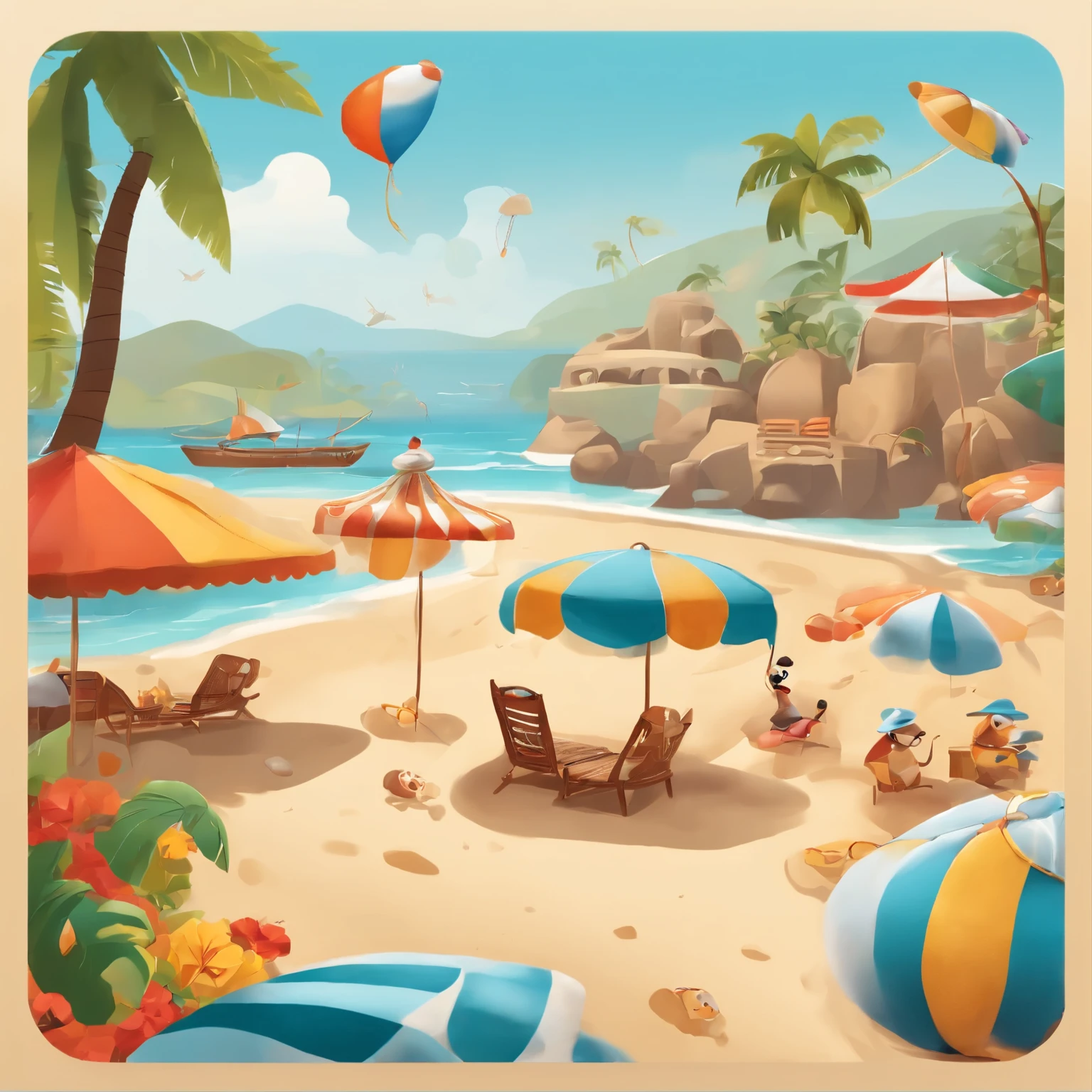 Animated characters and people enjoying an energetic and creative beach on a sunlit golden beach, colorful beach umbrellas shining under the sun, Mickey Mouse driving a racing car, trendsetting decorations and Disney splash art from Polycount adorning the seashore, presence of esteemed characters like Chengdu Fatty and man-made beach elements adding to the summery atmosphere. Decorative elements like seashell-shaped cookies neatly arranged in wicker baskets, detailing the scene, use of authorized commercial images and art illustrations from visual content platforms for creativity and personalized design, pop-color scheme captured through Lightroom Preset movie coloration LUT preset, intricate detailing.