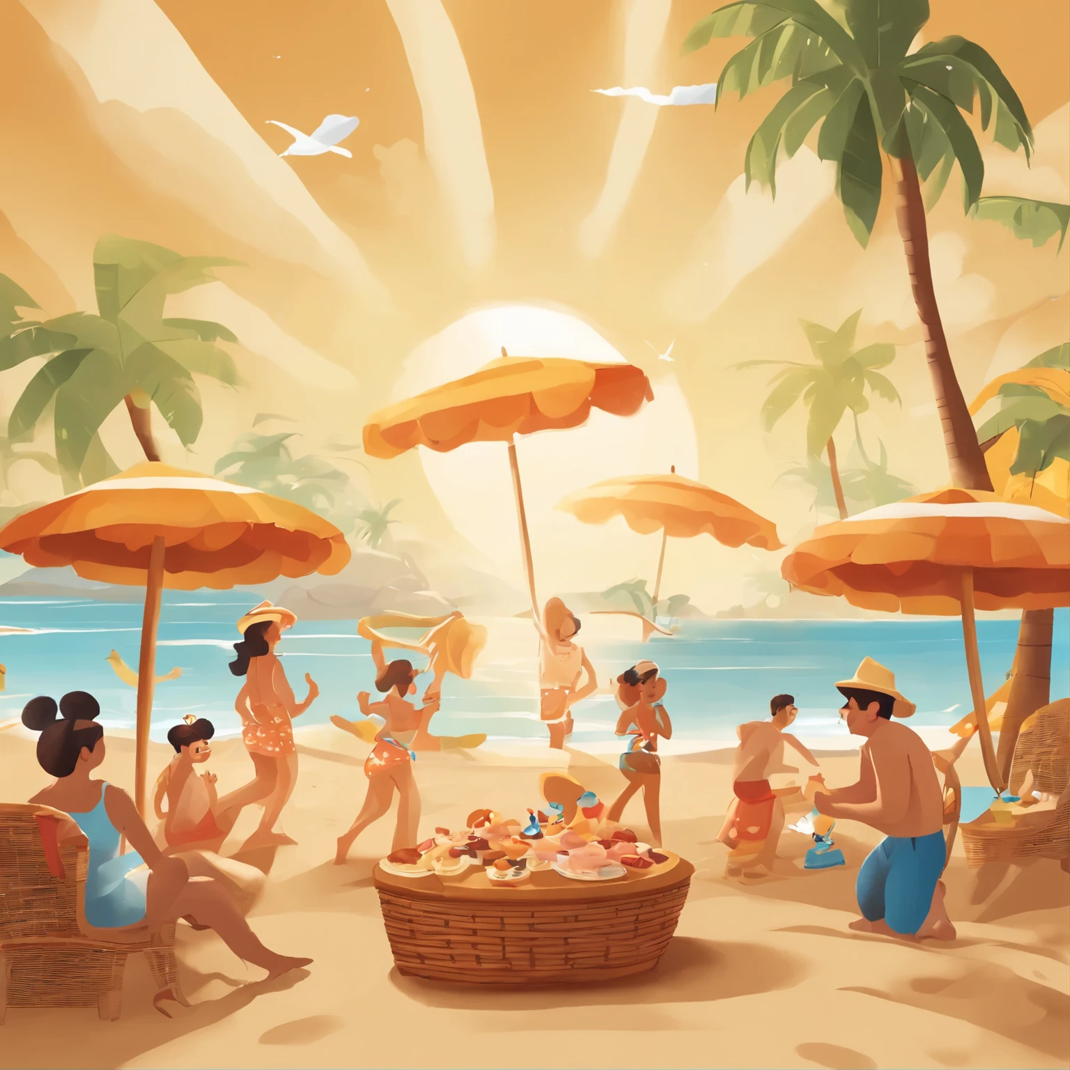 Animated characters and people enjoying an energetic and creative beach on a sunlit golden beach, colorful beach umbrellas shining under the sun, Mickey Mouse driving a racing car, trendsetting decorations and Disney splash art from Polycount adorning the seashore, presence of esteemed characters like Chengdu Fatty and man-made beach elements adding to the summery atmosphere. Decorative elements like seashell-shaped cookies neatly arranged in wicker baskets, detailing the scene, use of authorized commercial images and art illustrations from visual content platforms for creativity and personalized design, pop-color scheme captured through Lightroom Preset movie coloration LUT preset, intricate detailing.