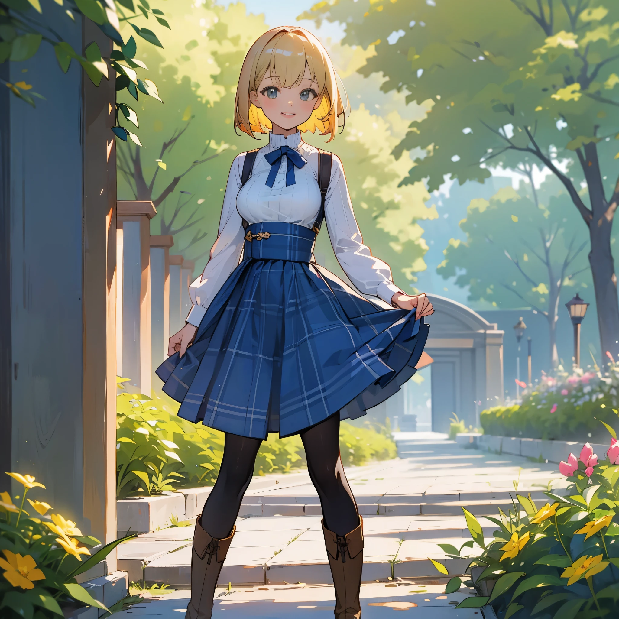 (high quality, High resolution, Super detailed, reality:1.37), peaceful atmosphere, (outdoors, garden), teenage girl standing alone, (my breasts are big.), Beautiful detail features, cute smile, (blonde bob hair), ribbed sweater, blue plaid skirt, black tights, brown boots.