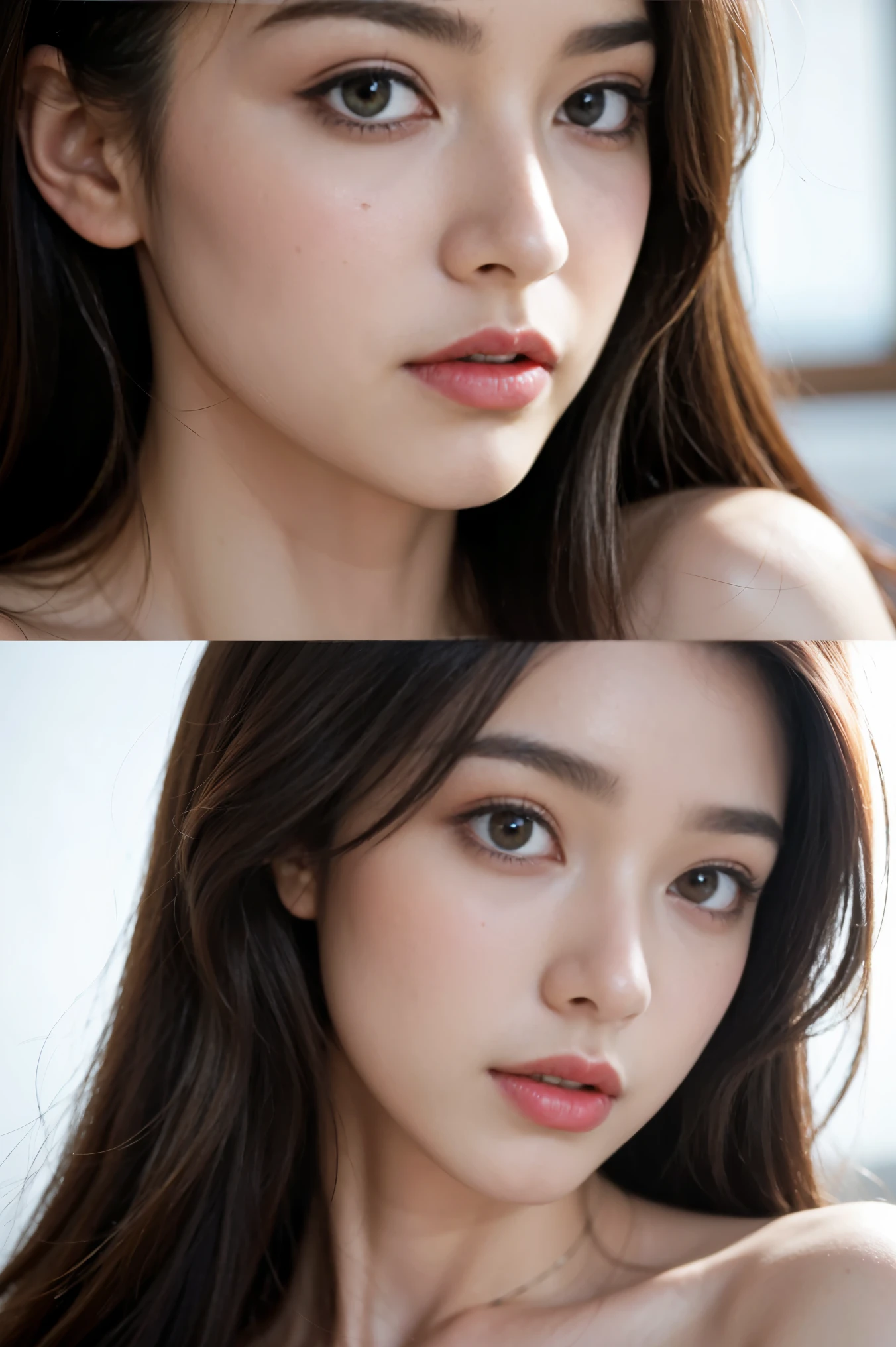 (masterpiece:1.3), (8 thousand, realistic, RAW photos, best quality: 1.4), (1 woman), (an exceptionally beautiful face), (incredibly beautiful body), (long eyelashes), (double eyelid), , (realistic face), (Brown hair, long hair:1.3), beautiful hairstyle, realistic eyes, beautiful and delicate eyes, (realistic skin), beautiful skin, (blouse), absurd, attractive, ultra high resolution, extremely realistic, very detailed, golden ratio, naked,