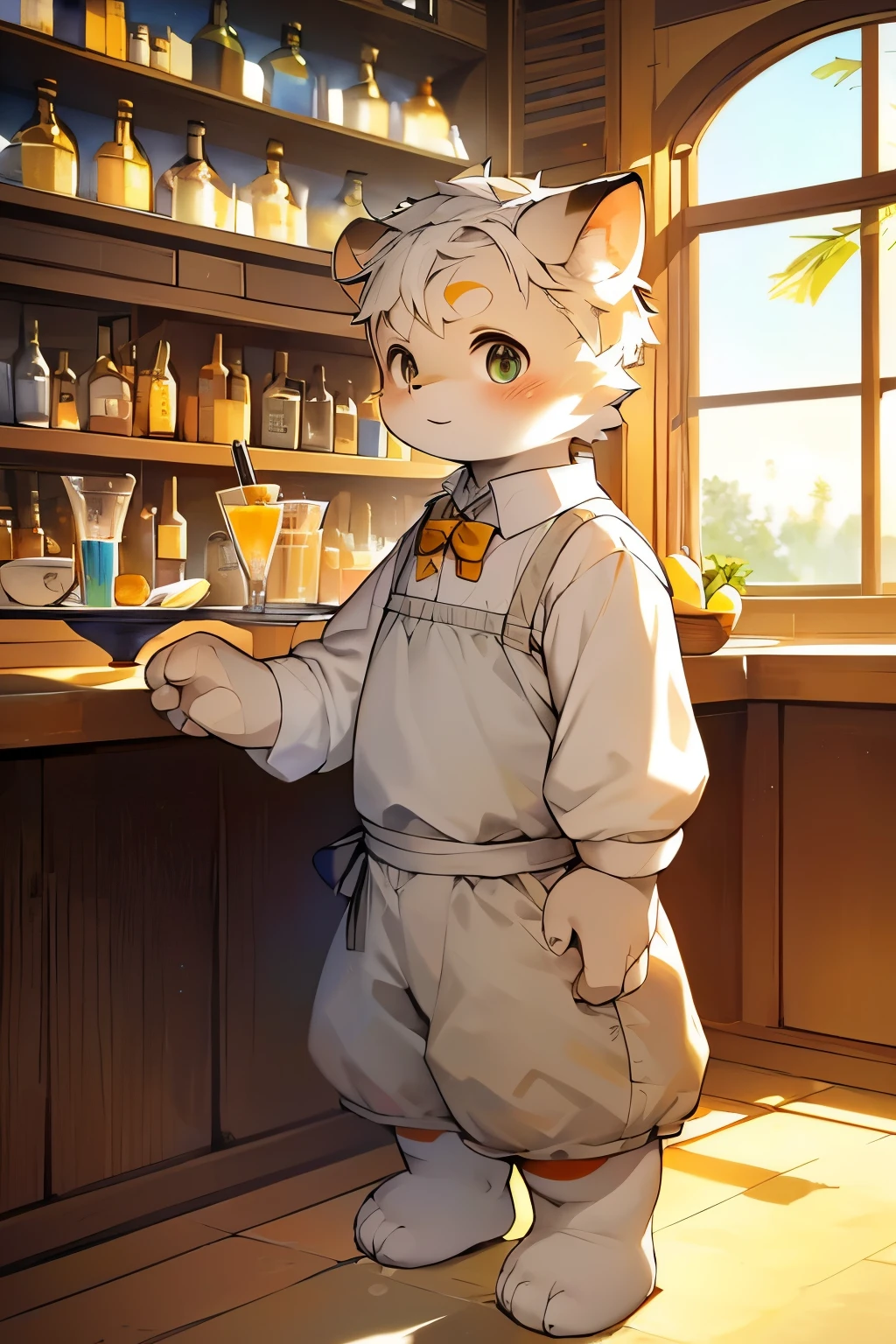 (masterpiece), best quality, perfect face, 2 topless furry shota cat boys, blushed, topless, serving, navel, lined up, café, innocent boy, ribbons, bow tie, restaurant, tugging briefs, big white briefs with black suspenders, name tag, briefs cafe