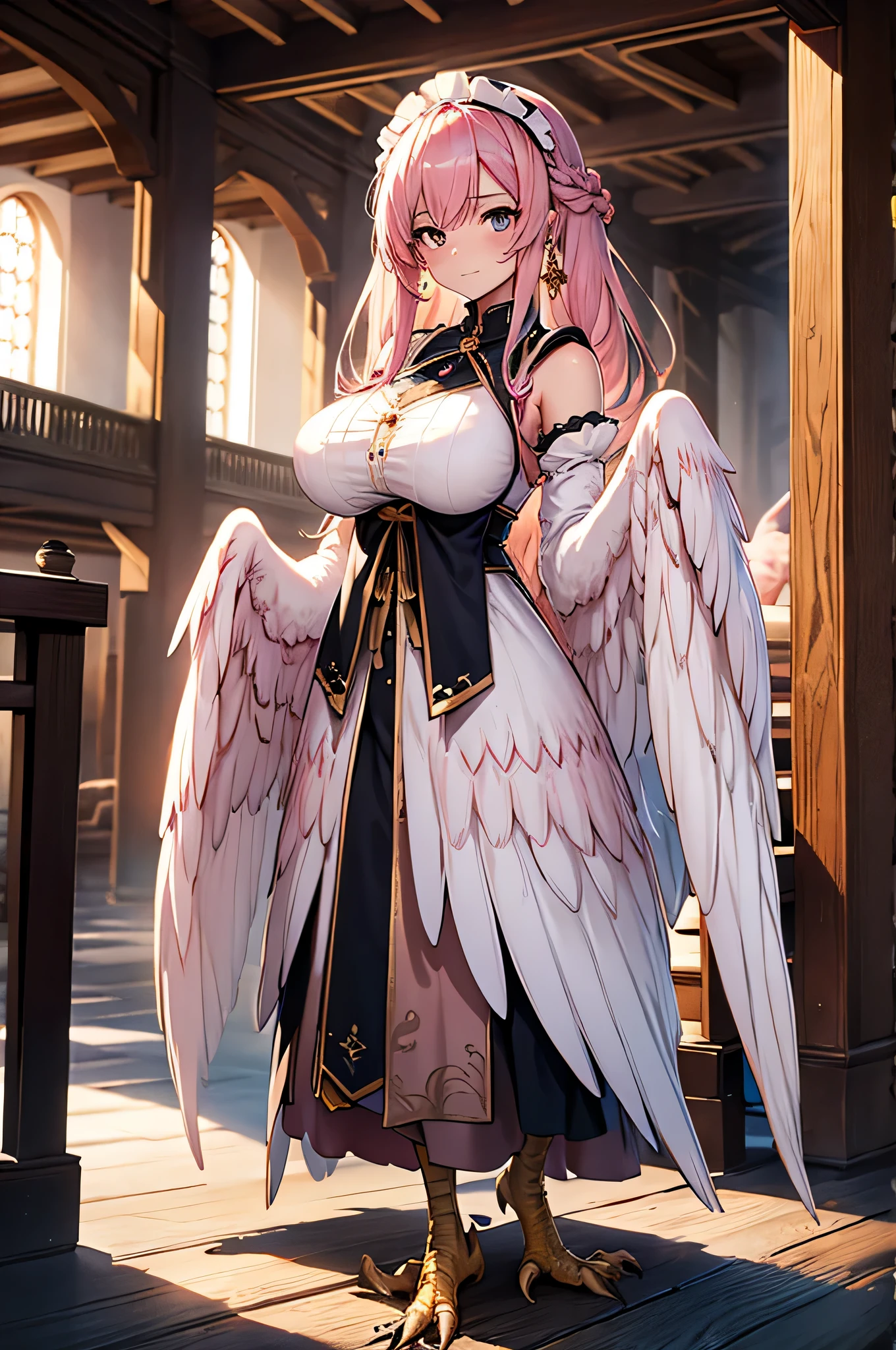 4k,High resolution,one woman,Harpy,pink hair,long hair,Braid,white wings,golden toenails,big breasts,maid,maid clothes,sleeveless,jewelry decoration,medieval castle