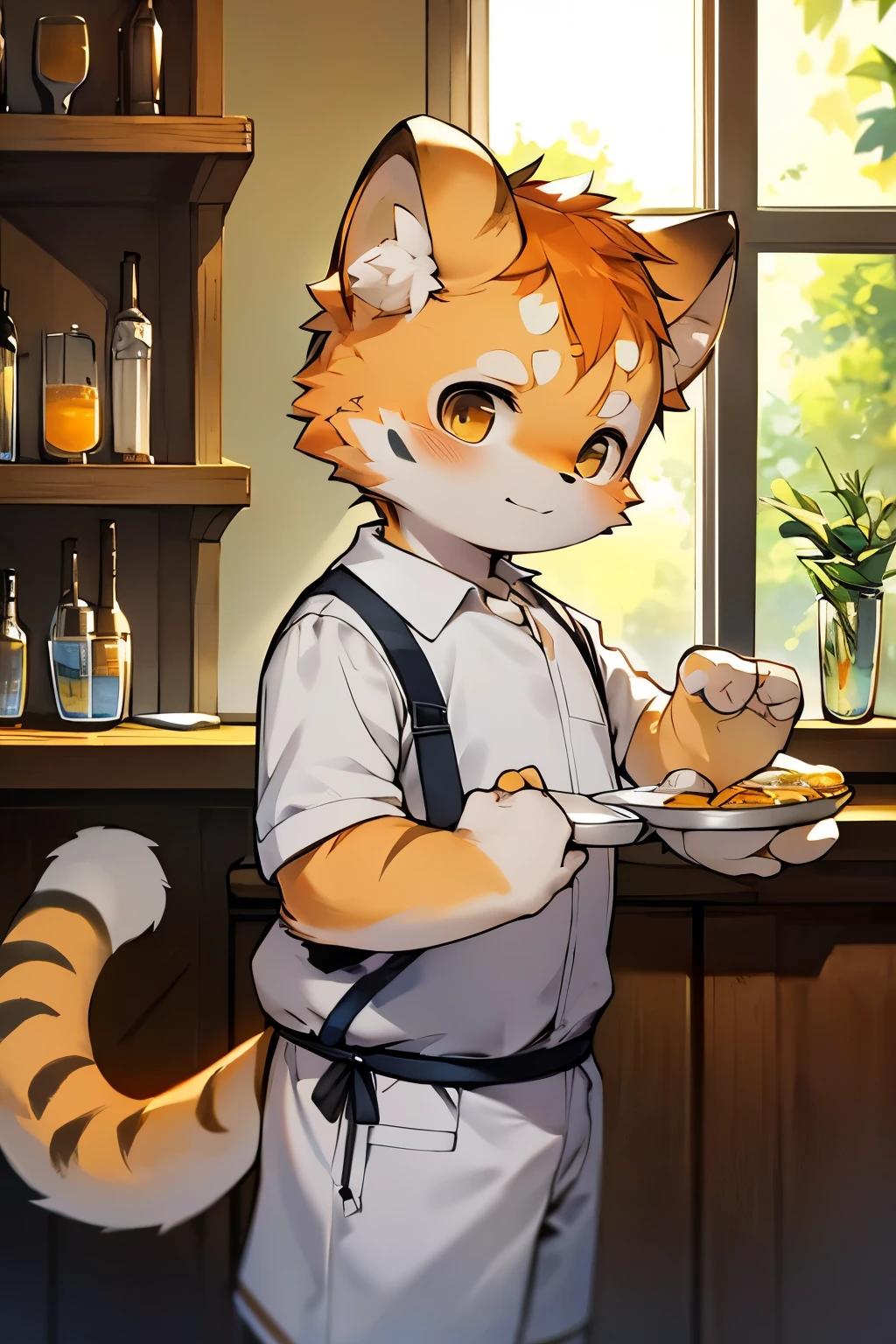 big watery eyes,Warm island atmosphere,More soft details and shadow corgi waiter:1.1),A large glass of ice lemonade,inside the spanish bar. spanish bar,There is a wooden counter on the left, There's an open door in the back, And the scenery of the Spanish islands outside the door.(Spanish island style:1.1),alone, Kanno, ,(In a spanish style bar:1.1),(sexy waiter:1.1),(male,boy,ddlers,Baolls),Holding a tray in one hand,A glass of lemonade and orange jelly on a tray. masterpiece, best quality, perfect anatomy, , author:Milk tiger 1145, author:British