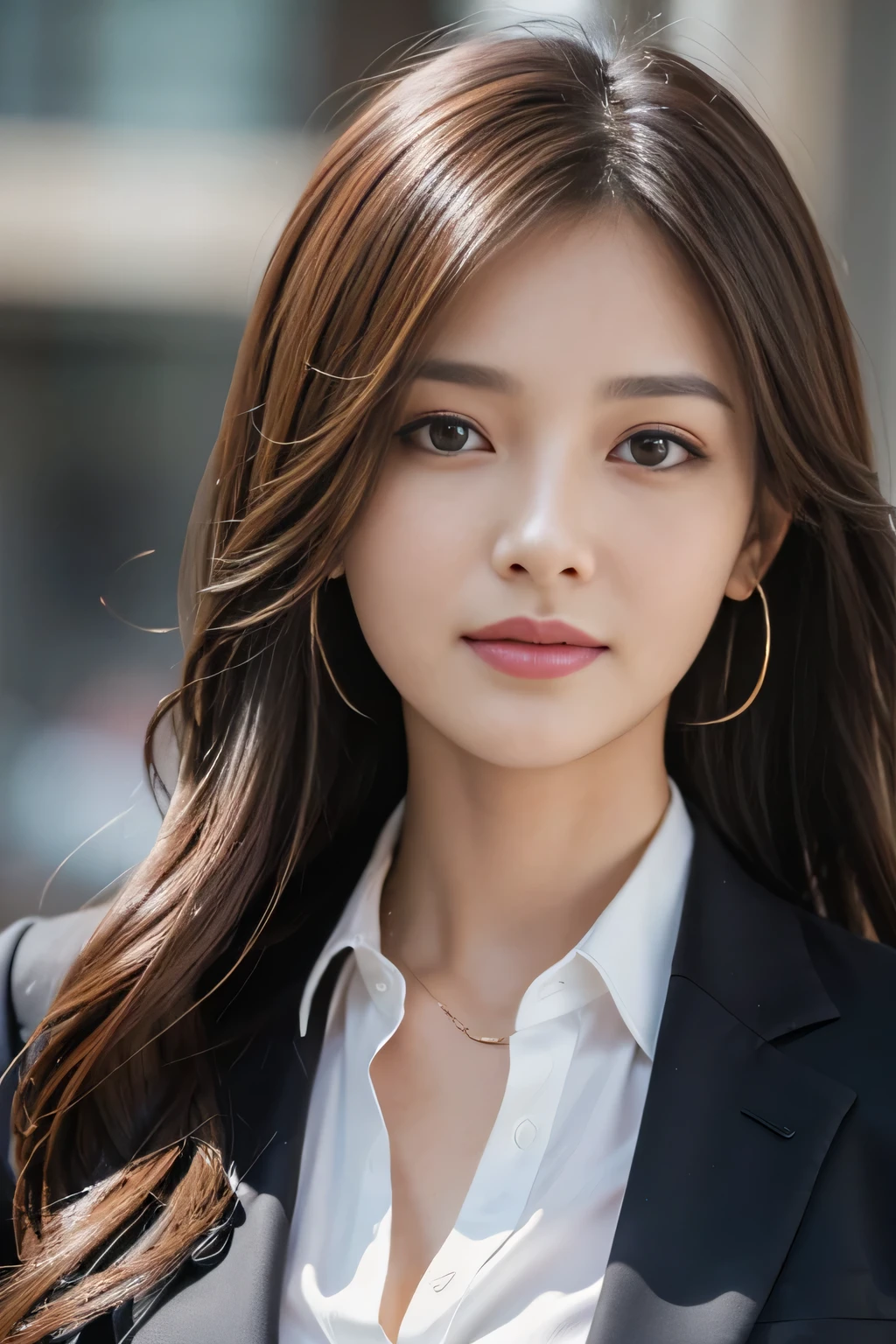 masterpiece, highest quality, realistic, Super detailed, attention to detail, High resolution, 8k wallpaper, one beautiful woman,, light brown messy hair, wearing a business suit, sharp focus, perfect dynamic composition, beautiful and detailed eyes, thin hair, Detailed realistic skin texture, smile, close-up portrait, model body shape