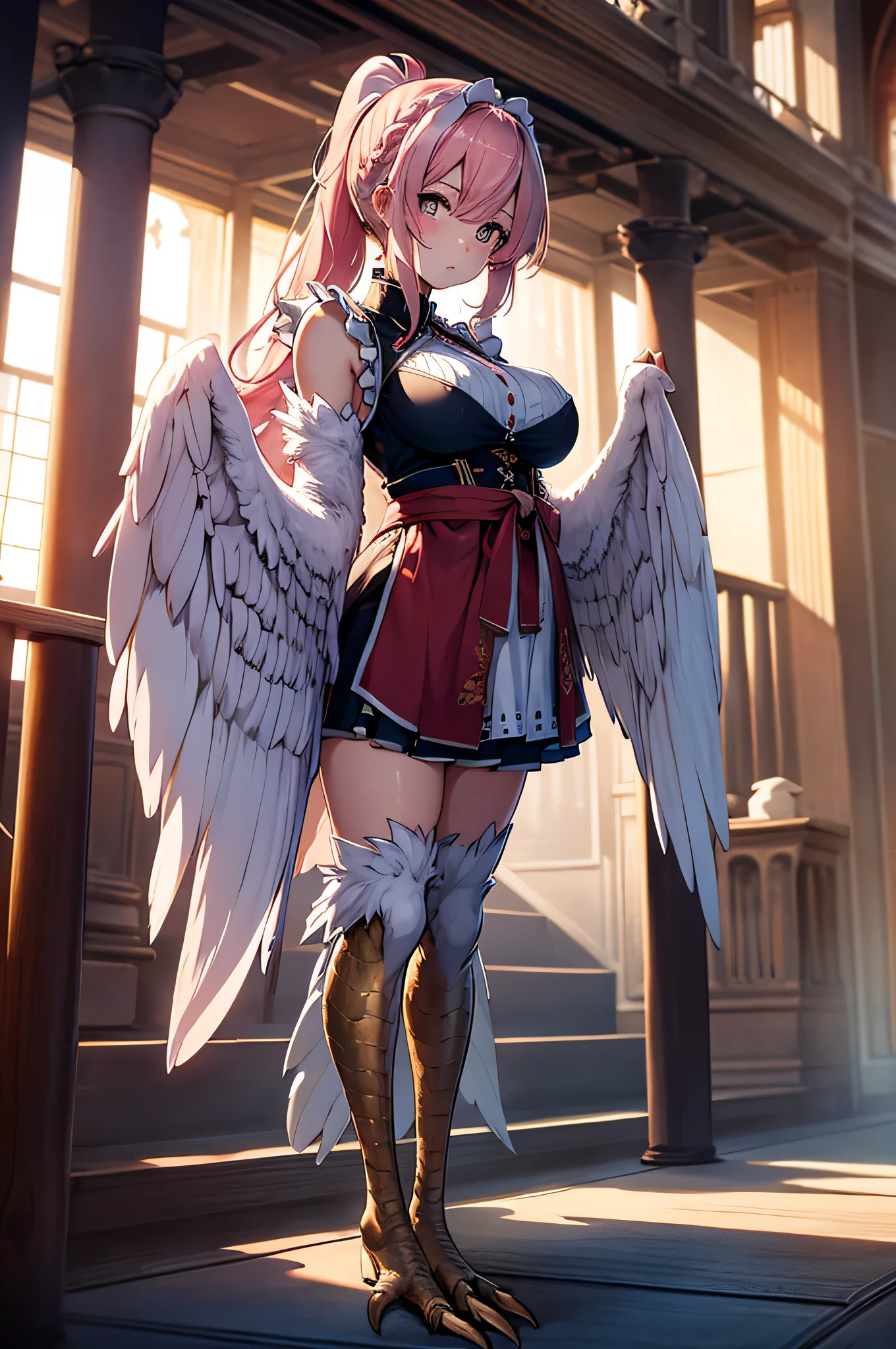 4k,High resolution,one woman,Harpy,pink hair,long ponytail,Braid,white wings,golden toenails,big breasts,maid,maid clothes,sleeveless,jewelry decoration,medieval castle