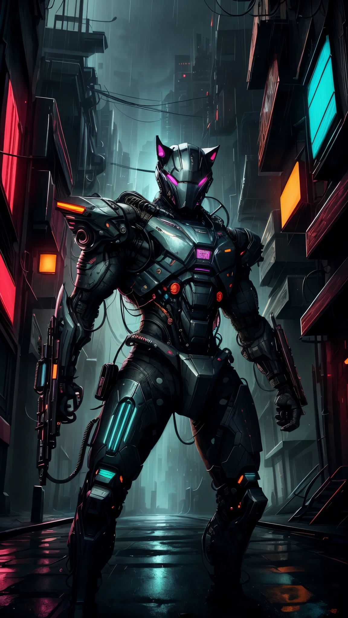 hyperealistic portrait of cyborg cat standing bellow a bilboard, in the rain, robot cat, cyperpunk style, (wearing a black metalic armor), badass cat, hyperdetailed, detailed shading, beautiful textures, technological eyes, neon background, si-fi, dynamic, neon lights, conrtast, dark shot, raw photo, cute cat, ominous atmosphere, cinematic, holding a gun, (masterpiece, 8k, uhd, highres, digital artwork, masterwork), photorealistic, rayt racing, CyberpunkAI