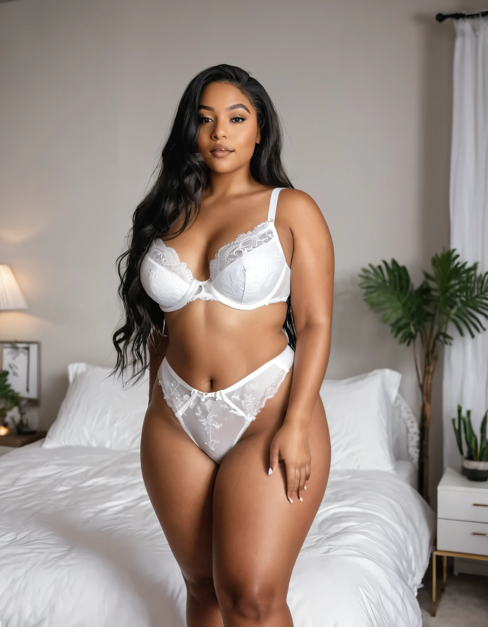 Mixed black ethnicity, curvy girl , wearing white lingerie on bedroom, long hair