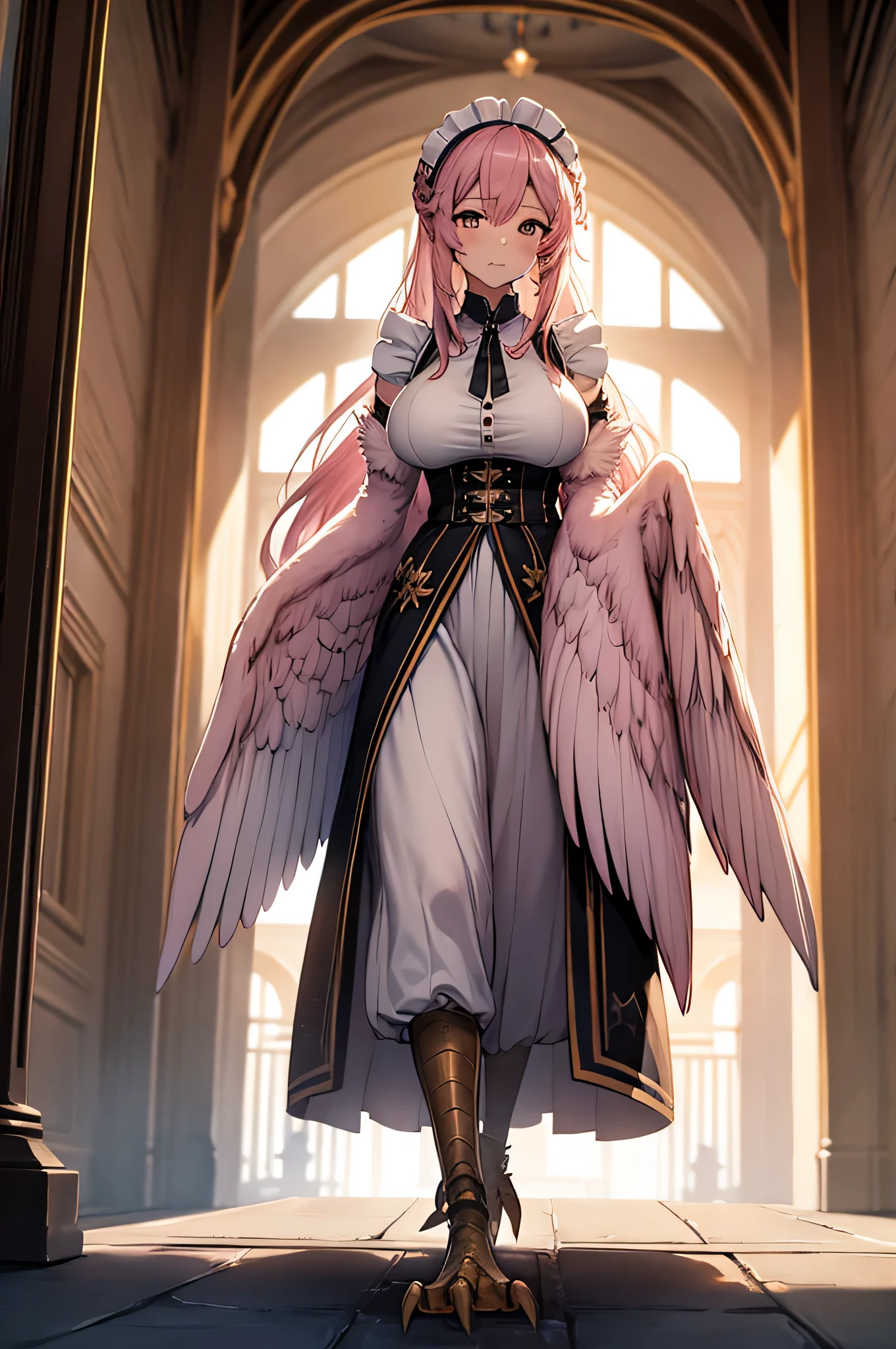 4k,High resolution,one woman,Harpy,pink hair,long hair,Braid,white wings,golden toenails,big breasts,maid,maid clothes,sleeveless,jewelry decoration,medieval castle