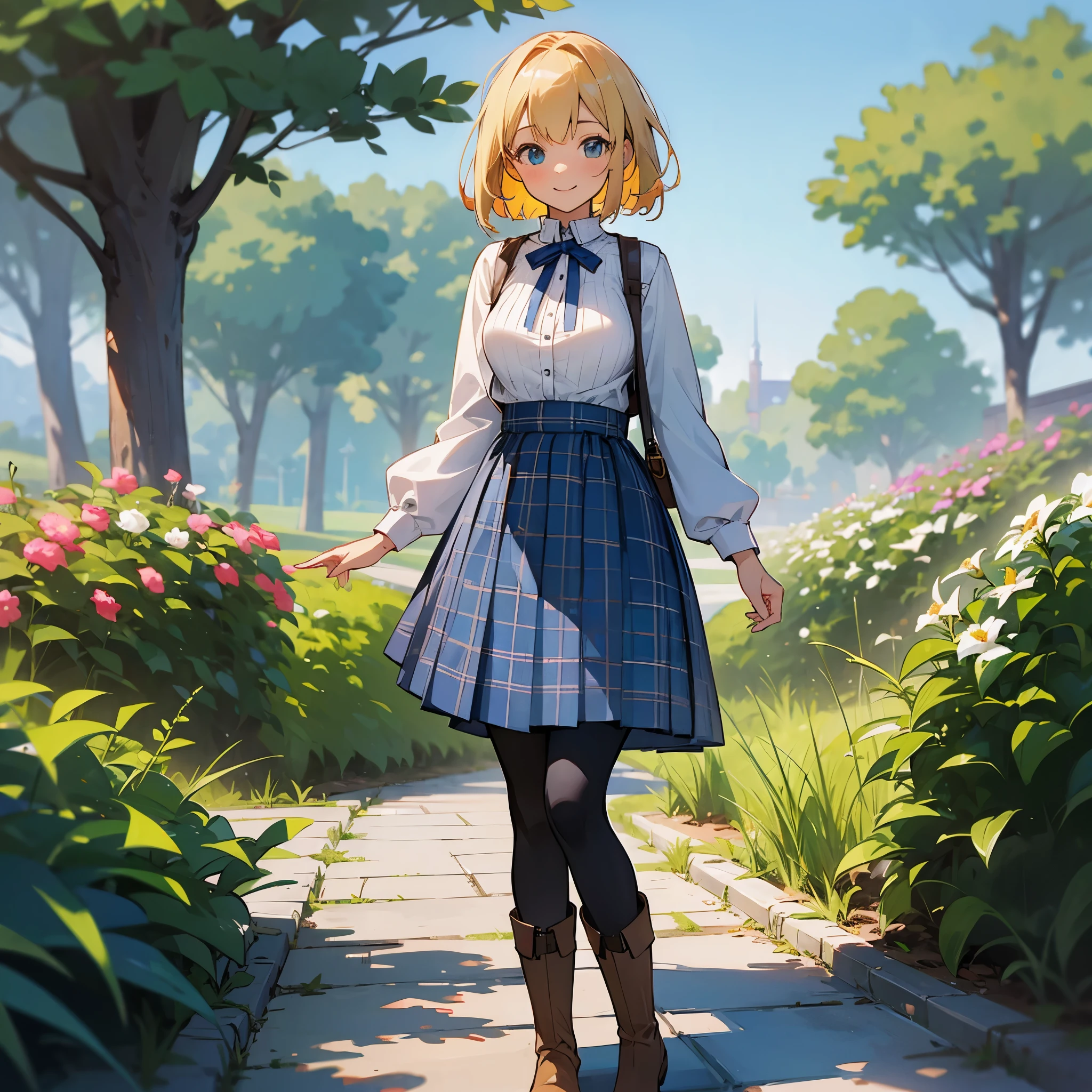 (high quality, High resolution, Super detailed, reality:1.37), peaceful atmosphere, (outdoors, garden), teenage girl standing alone, (my breasts are big.), Beautiful detail features, cute smile, (blonde bob hair), ribbed sweater, blue plaid skirt, black tights, brown boots.