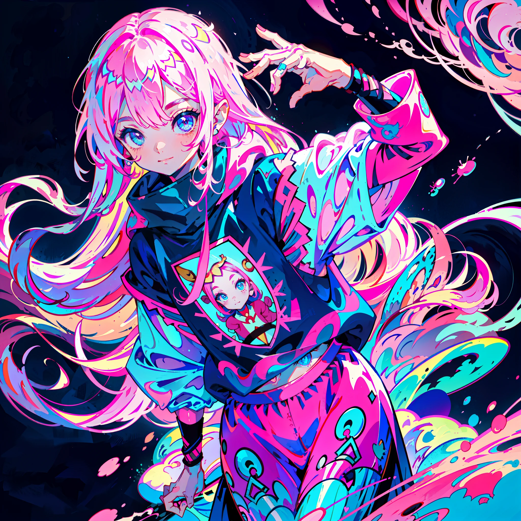 pink long hair girl, cute, cool pose, selfie, masterpiece, very detailed, highest quality, sharp focus, soft lighting, Limited color palette, pastel colour, cute, ((cute)), black skin,
(Panchen: 1.3), smile, alone,
dark brown hoodie, blue shorts,
pink eyes, (pink hair: 0.6), (blue hair: 0.8), (gradient hair: 0.6), short hair, Bratis，elf
