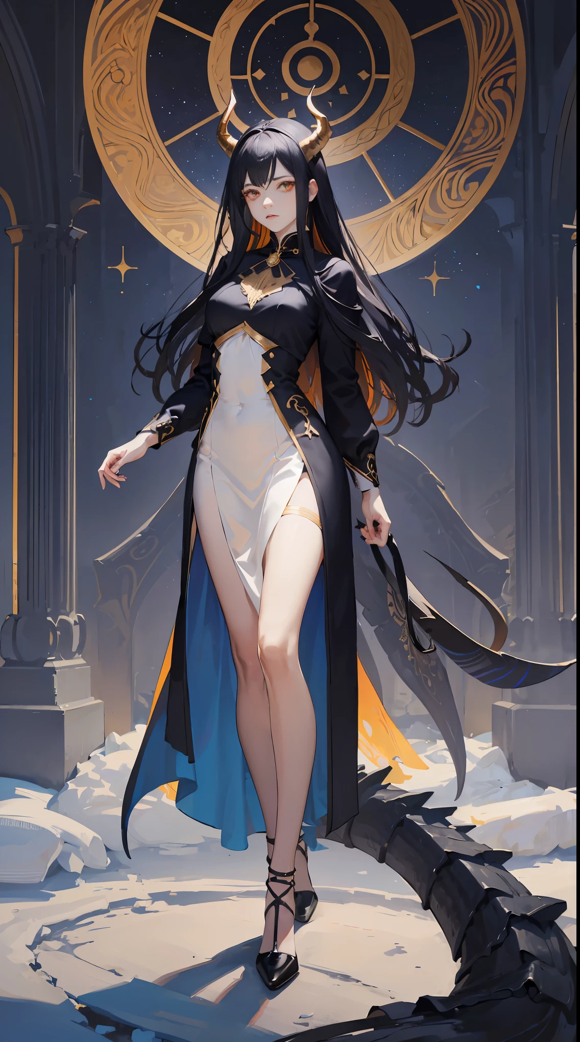 Seven Rhaeyar, Ancient Star goddess, Perfect female anatomy (Adult Female, 166cm in height, pale skin, slim, slender, 34D breast size, Dark Orange Eyes with beautiful details, Long Straight Black Hair, Beauty Mark Mole on right cheek bone, a set of black horns on her head), Neutral facial expression, Elegant white dress with black bow tie, blue coat knee length, dragon motifs, gold and rope accessories, View of the open blue sky with only clouds, receiving light from the front, Ethereal glow
