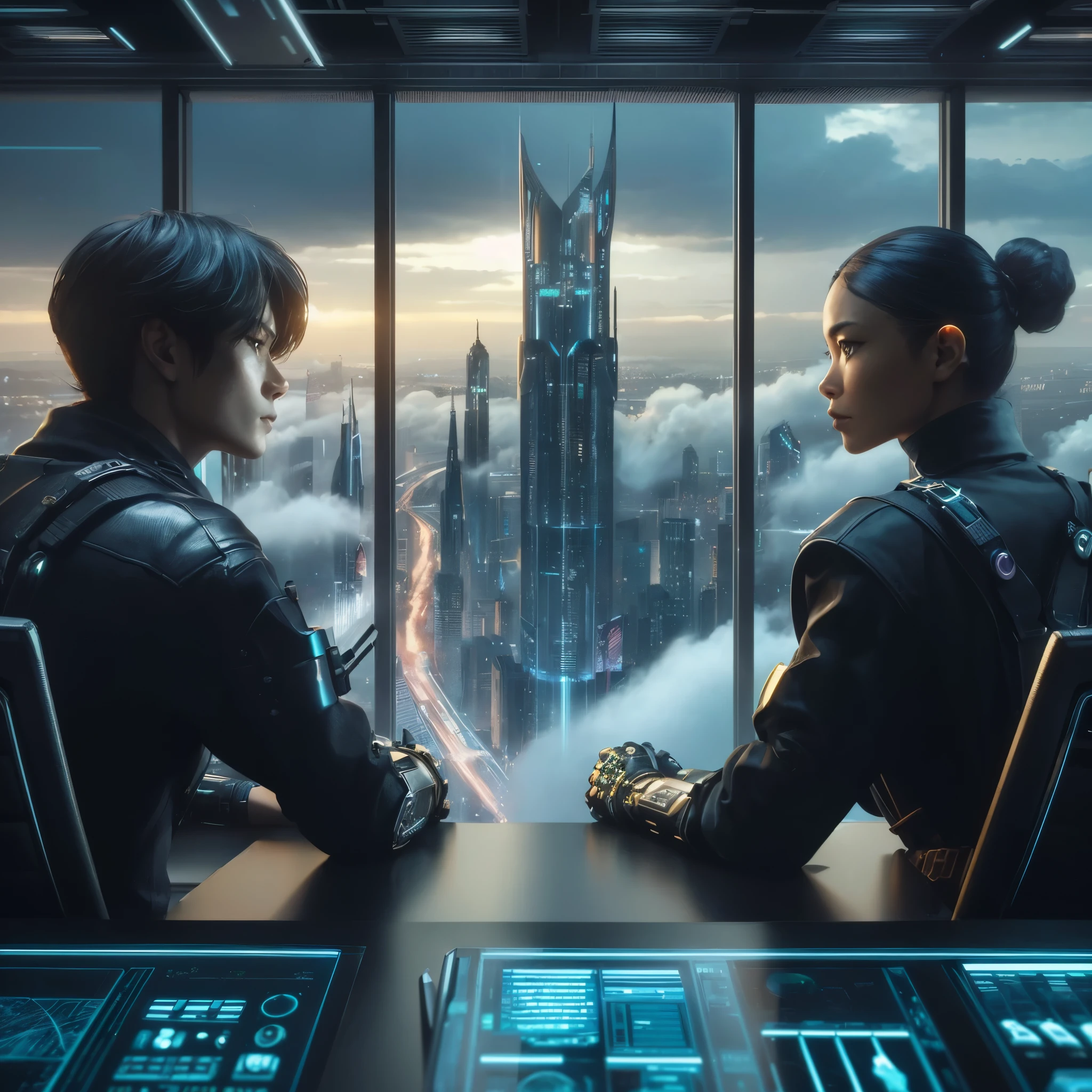 two people sitting at a table in front of a window with a view of a city, depicted as a scifi scene, sci-fi cinematic movie still, futuristic cyberpunk scenario, an epic scifi movie still, scifi scene, scifi cyberpunk, in a scifi movie, epic scifi movie still, from a 2 0 1 9 sci fi 8 k movie, future science fiction. game cg