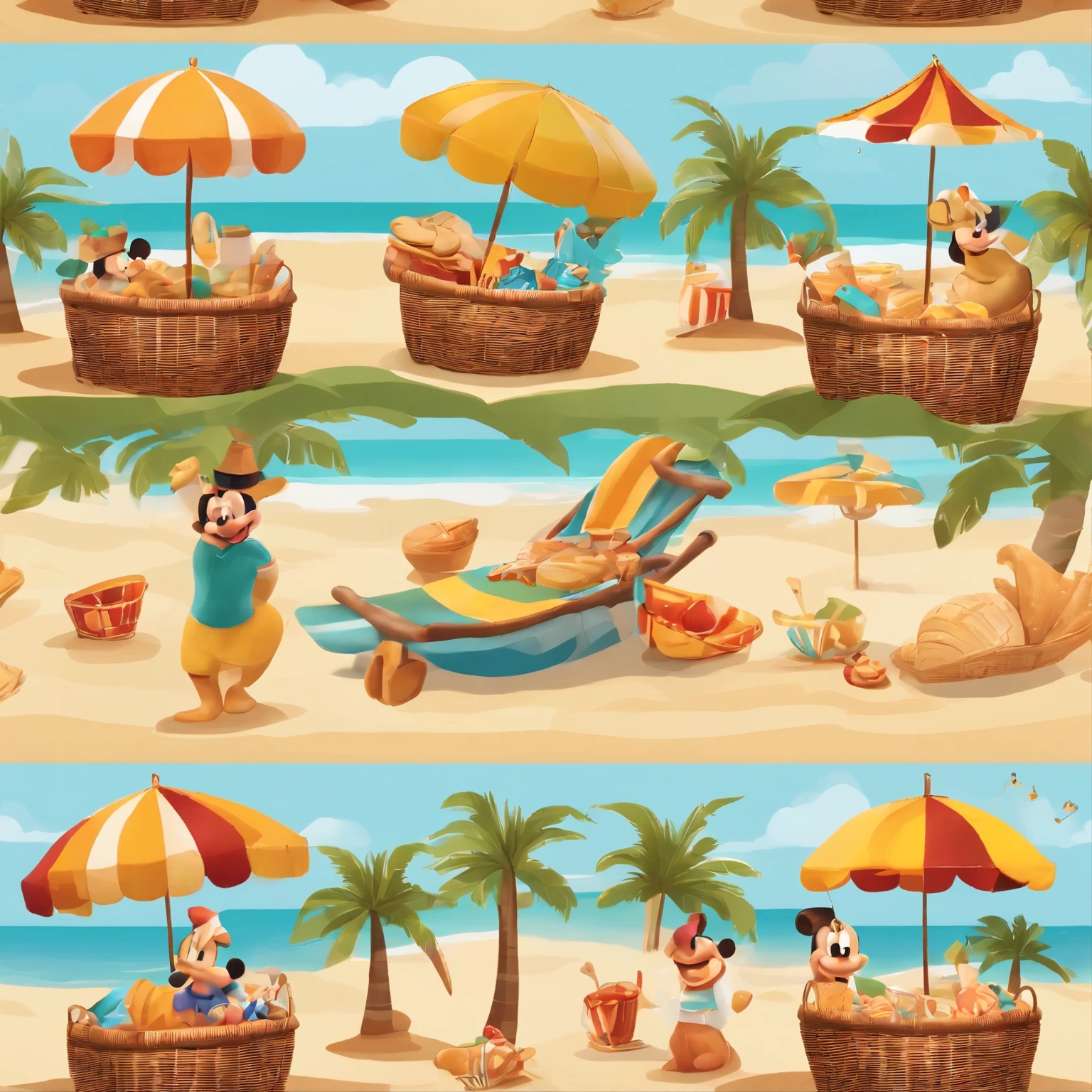 Animated characters and people enjoying an energetic and creative beach on a sunlit golden beach, colorful beach umbrellas shining under the sun, Mickey Mouse driving a racing car, trendsetting decorations and Disney splash art from Polycount adorning the seashore, presence of esteemed characters like Chengdu Fatty and man-made beach elements adding to the summery atmosphere. Decorative elements like seashell-shaped cookies neatly arranged in wicker baskets, detailing the scene, use of authorized commercial images and art illustrations from visual content platforms for creativity and personalized design, pop-color scheme captured through Lightroom Preset movie coloration LUT preset, intricate detailing.