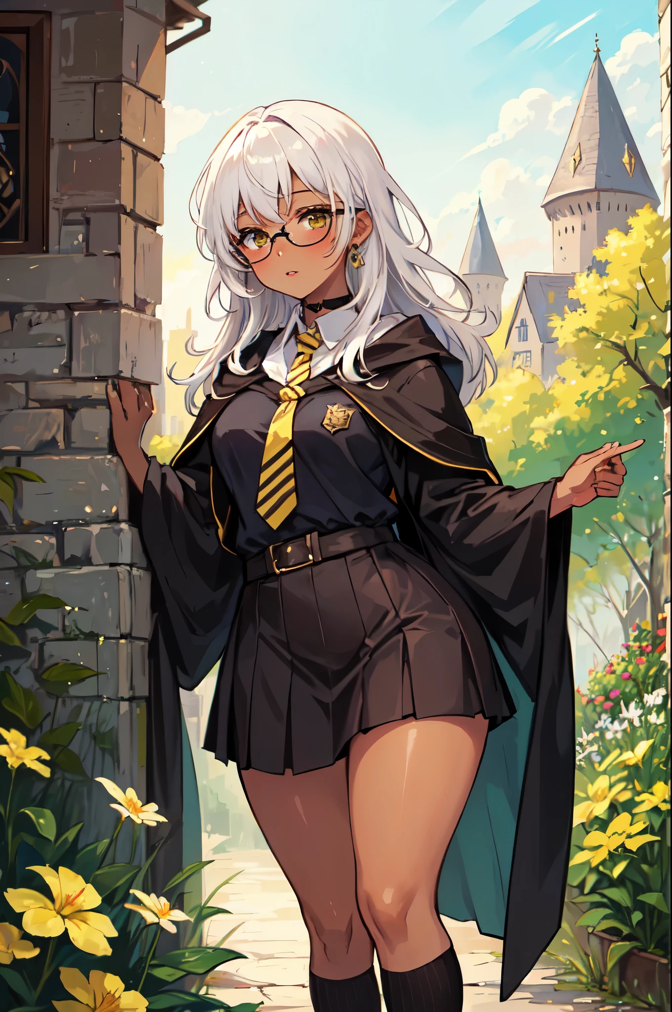 ((dark brown skin)), (best quality, ultra detailed), ((full-face blush)), (detailed background:1.2), (perfect chubby face, detailed face), (Hufflepuff), yellow cloak, (Hogwarts Legacy), looking at viewer, (young female:1.4), chubby, brown skin,  1girl, ((???)), white hair, (white long hair), Hufflepuff uniform solo, choker, black skirt, jewelry, bow, shirt, long skirt, medium breasts, yellow necktie, striped necktie, , (puckered lips, garden, outdoors, thick thighs, using magic), shy, timid, glasses, dark brown skin, [Hogwarts legacy], ((1890s))