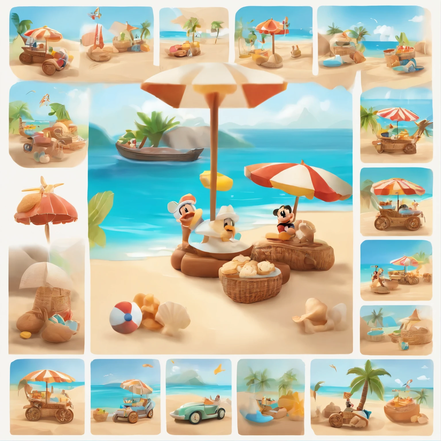 Animated characters and people enjoying an energetic and creative beach  on a sunlit golden beach, colorful beach umbrellas shining under the sun, Mickey Mouse driving a racing car, trendsetting decorations and Disney splash art from Polycount adorning the seashore, presence of esteemed characters like Chengdu Fatty and man-made beach elements adding to the summery atmosphere. Decorative elements like seashell-shaped cookies neatly arranged in wicker baskets, detailing the scene, use of authorized commercial images and art illustrations from visual content platforms for creativity and personalized design, pop-color scheme captured through Lightroom Preset movie coloration LUT preset, intricate detailing.

