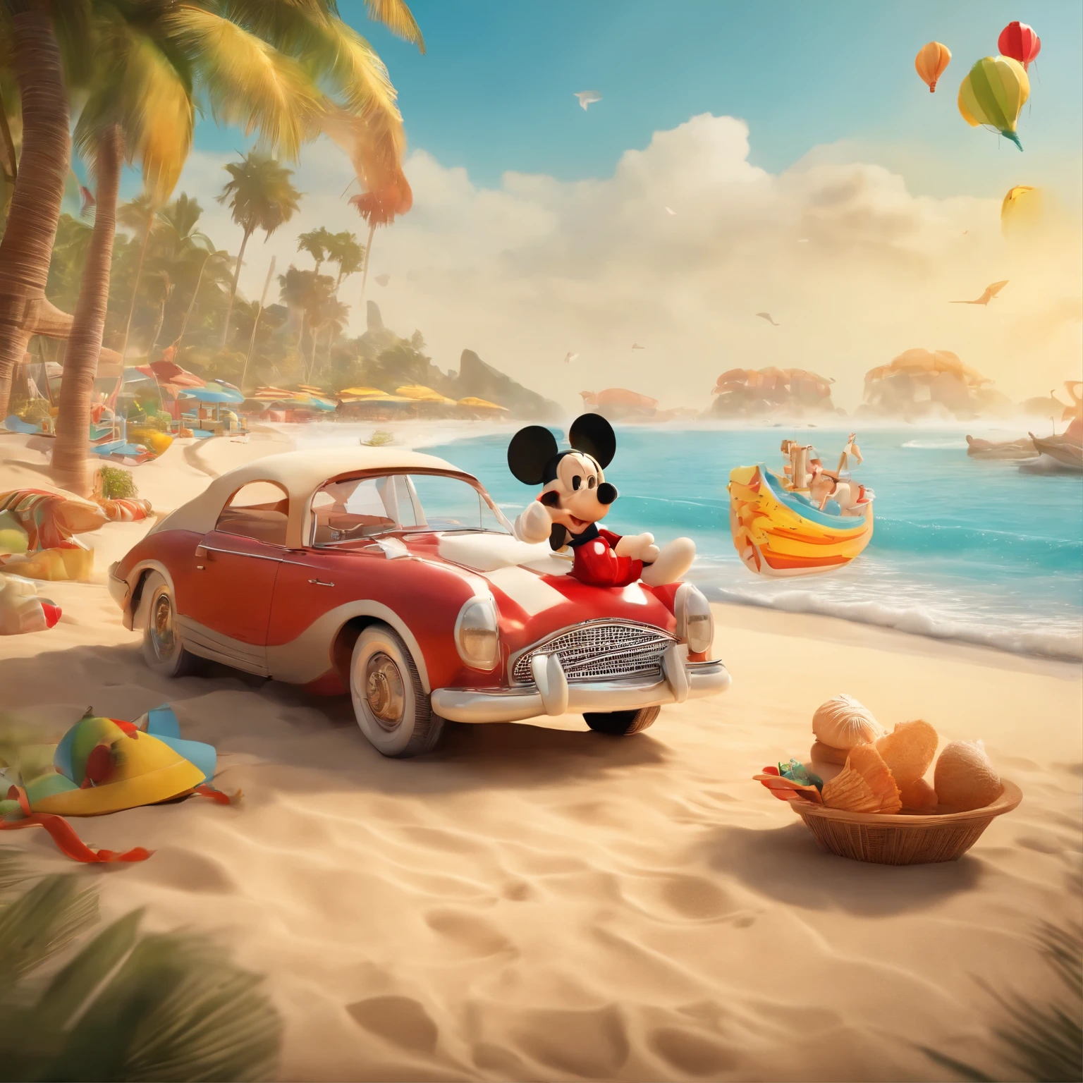 Animated characters and people enjoying an energetic and creative beach on a sunlit golden beach, colorful beach umbrellas shining under the sun, Mickey Mouse driving a racing car, trendsetting decorations and Disney splash art from Polycount adorning the seashore, presence of esteemed characters like Chengdu Fatty and man-made beach elements adding to the summery atmosphere. Decorative elements like seashell-shaped cookies neatly arranged in wicker baskets, detailing the scene, use of authorized commercial images and art illustrations from visual content platforms for creativity and personalized design, pop-color scheme captured through Lightroom Preset movie coloration LUT preset, intricate detailing.
