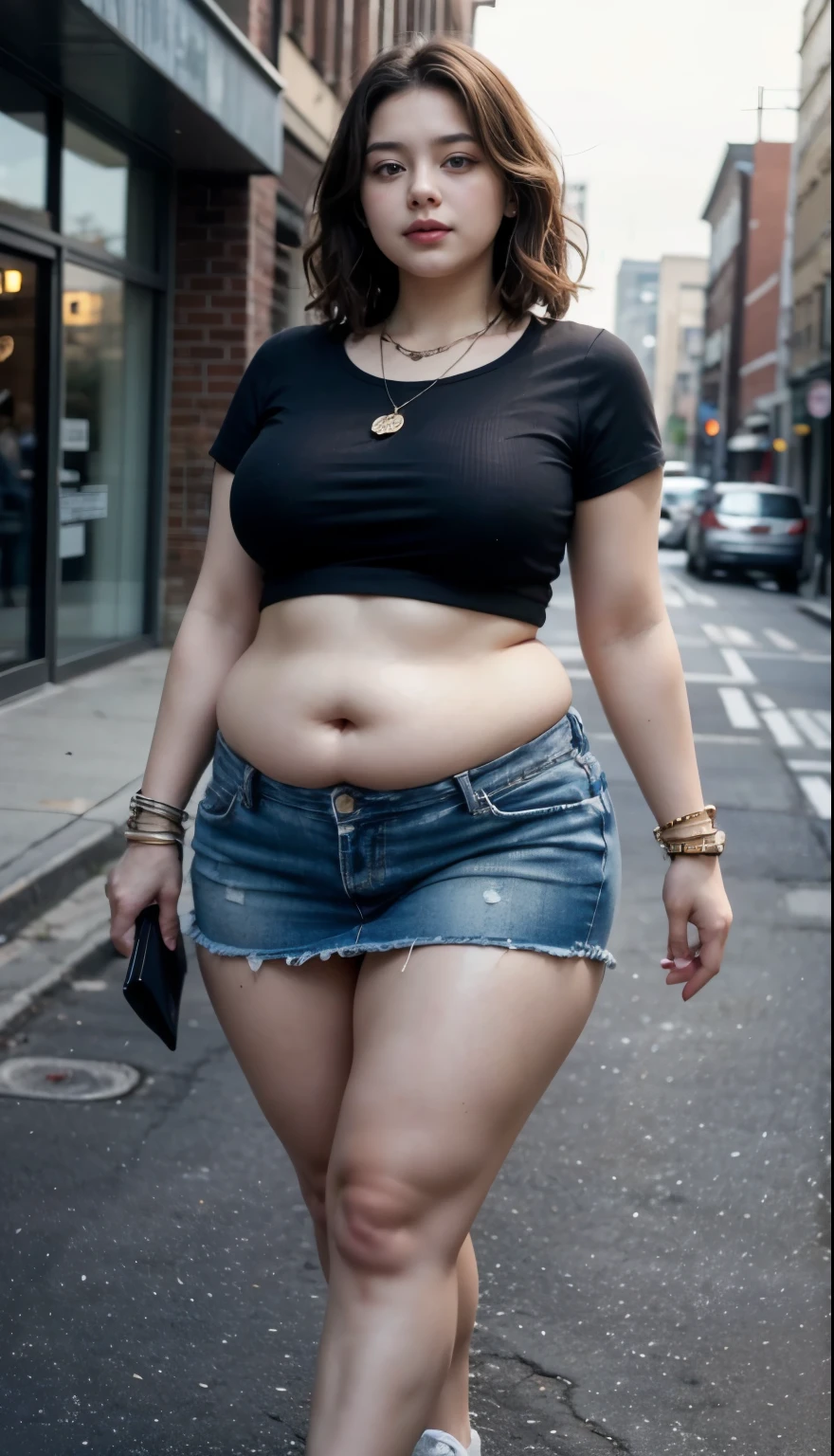 ((best quality)), ((masterpiece)), (detailed), perfect face, araffe woman in a long dark-blue shirt and blue denim skirt walking down a street, thicc,  wavy  short hair , she has a jiggly fat round belly, bbwchan, wearing tight simple clothes, skinny waist and thick hips, widest hips, her belly is fat and round, soft curvy shape, hyperrealistic full figure, wearing a cute top, wide hips, wearing 10 bracelet , wearing huge diamond necklace 
