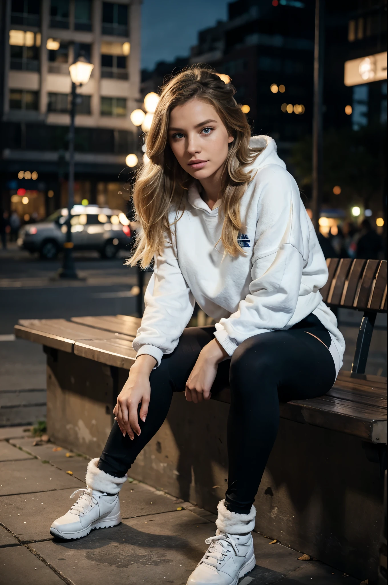 1woman, ombré blonde balayage hair, beautiful blue eyes, freckled face, overwatch2 mercy face, off-white sweatshirt, seamless black leggings, black leggings, fuzzy faux fur boots, ugg style boots, night city background, sitting on bench, full body portrait, raw photo.