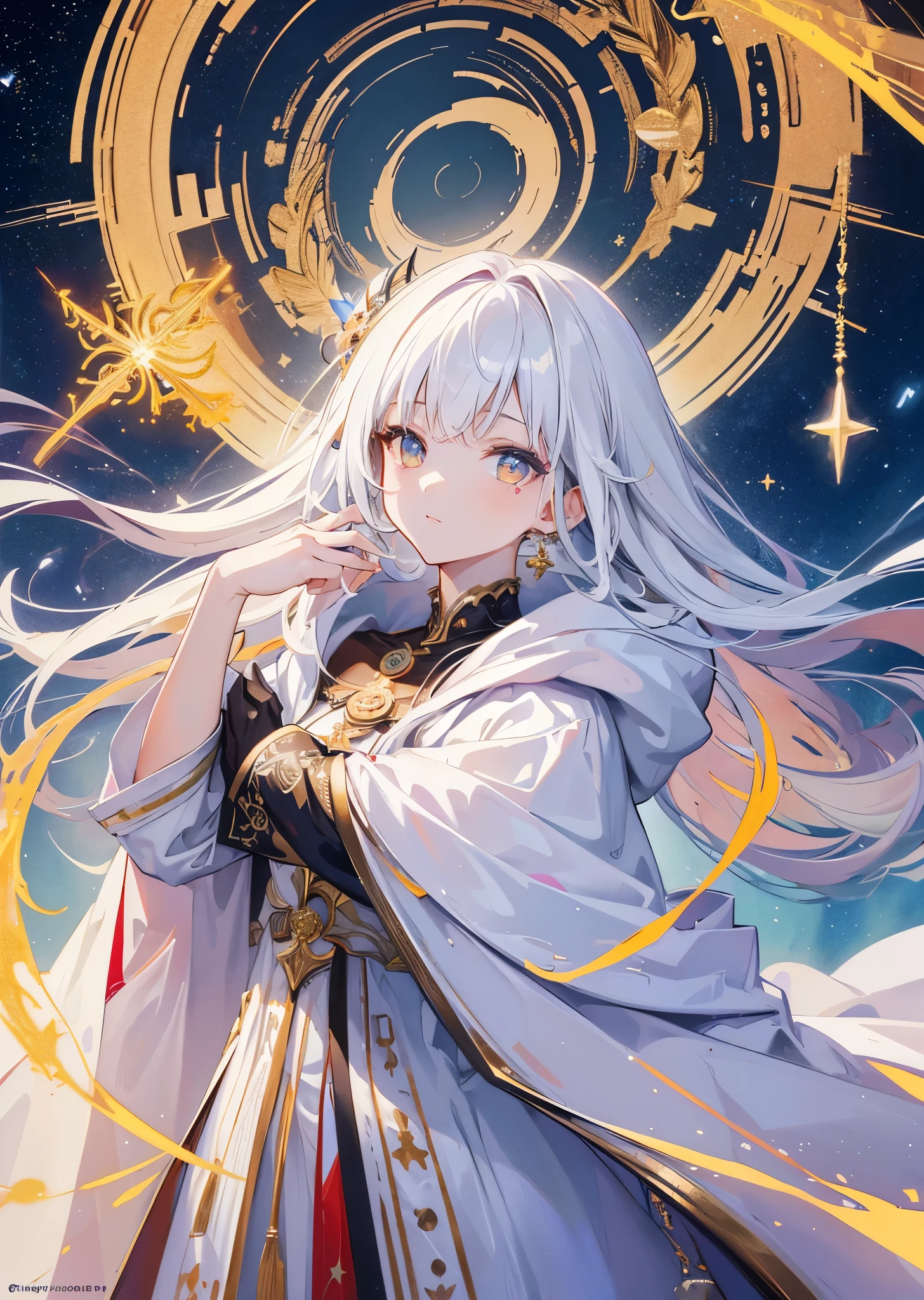 (masterpiece, highest quality, highest quality, official art, Cosmetology and aesthetics: 1.2), (1 girl), extreme details, (fractal art: 1.3), colorful, best details, perfect face, Upper body, HDR, prayer, (Golden lines in a white cloak: 1.2), starry sky, shooting star, light stripe, surrealism.