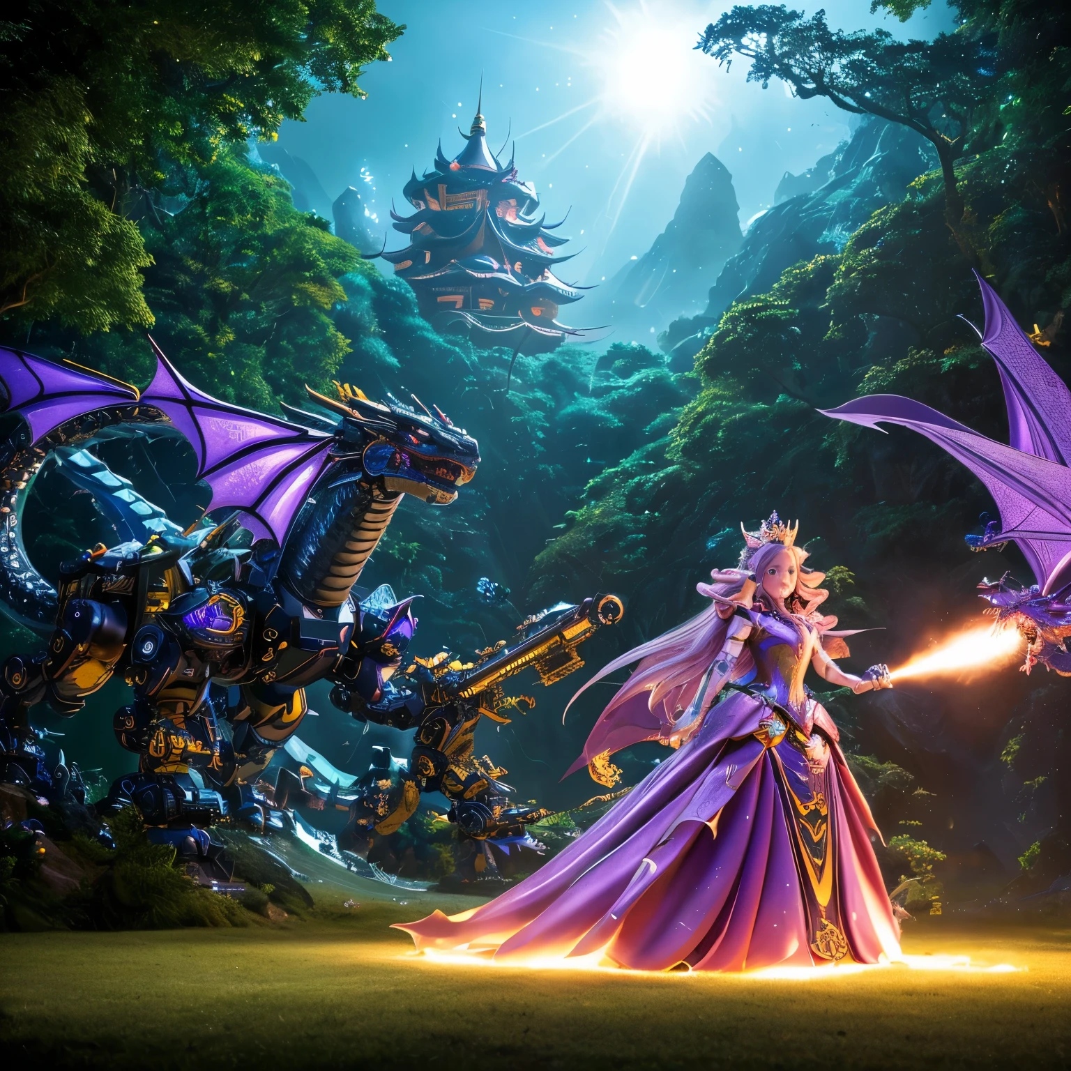 best quality,4k,highres,masterpiece:1.2,ultra-detailed,realistic:A Gundam style robot,rescuing a dragon,evil princess (Brea Larson),detailed robot design,detailed dragon scales,vibrant color scheme,action-packed scene,majestic dragon wings,heroic robot stance,robot armor shining in the sunlight,princess with a wicked smile,robot lifting dragon with ease,perfectly flowing dragon fire,battle in a lush forest,mysterious robotic technology,princess with intricate gown flowing in the wind,surrounding trees filled with life,emerging sunlight through the trees,dragon with fierce expression,robot with powerful laser beams,evil princess casting dark magic,dragon released from captivity,robot with glowing LED eyes,dragon scales sparkling,princess surrounded by a dark aura,long robotic arms with precise movements,dragon tail whipping through the air,robot with Gundam signature weapons,giant robotic feet creating earth-shattering impacts,detailed princess tiara shining,dramatic shadows and lighting effects,robot saving the day with determination,princess with a crown adorned with gems,dragon with majestic horns and spines,robot with jet thrusters propelling it forward,vivid colors highlighting the scene,magical sparkles surrounding the princess and the dragon,robot smashing through obstacles with ease,detailed robot cockpit showcasing advanced technology,dragon breathing fire in defiance,princess casting spells with gestures,robot's metallic armor reflecting its surroundings,dragon's scales with intricate patterns,detailed portrayal of emotions on the characters' faces,princess with flowing hair and a wicked grin,robotic fingers delicately carrying the dragon,princess's evil castle in the background,dragon with graceful movements,robot with imposing presence.
