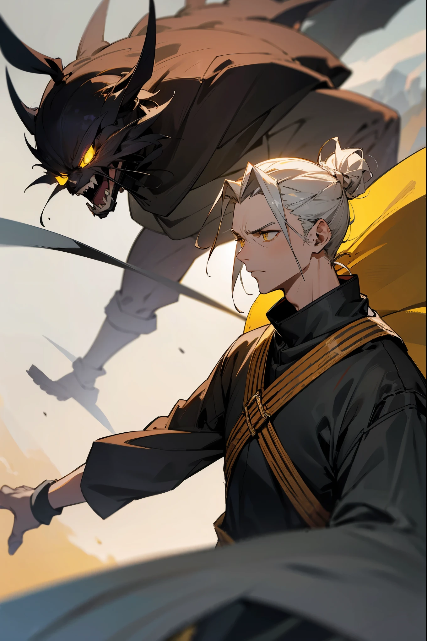 1male, old, age lines, black man bun, yellow eyes, battle clothing, medieval clothing, annoyed expression, guild hall background, detailed background, standing on path