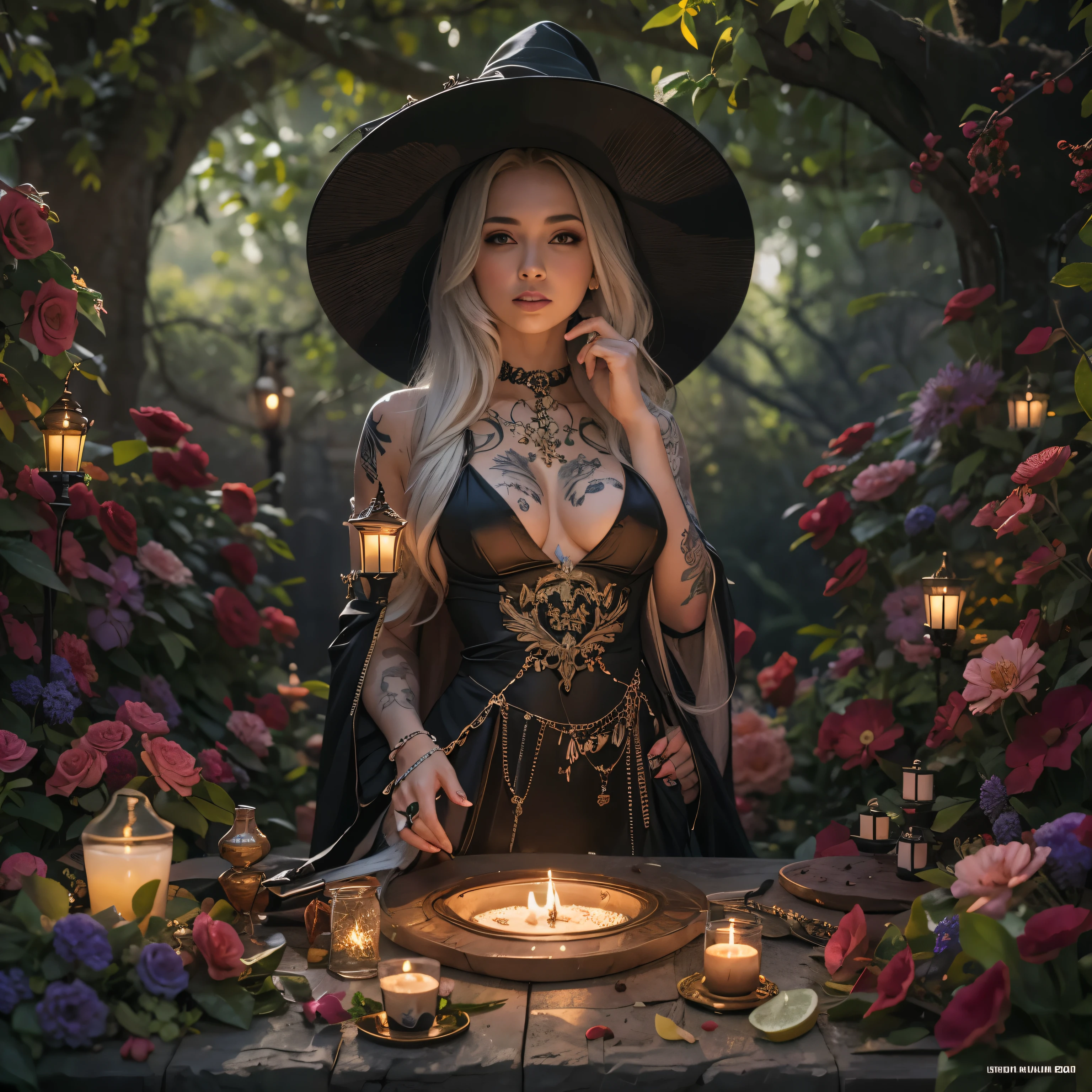 masutepiece, High resolution,Best Quality,High Definition, Perfect composition, Perfect face, Perfect body, Golden ratio, 8K,Beautiful flower garden,Fantastic world,Cinematic lighting,Mystical light,(Full body tattoo),silber hair,light skinned,Beautiful breasts,Witch,Navel,put index finger on mouth,From a short distance,Full body,brown wavy hair, ((blue detailed eyes))