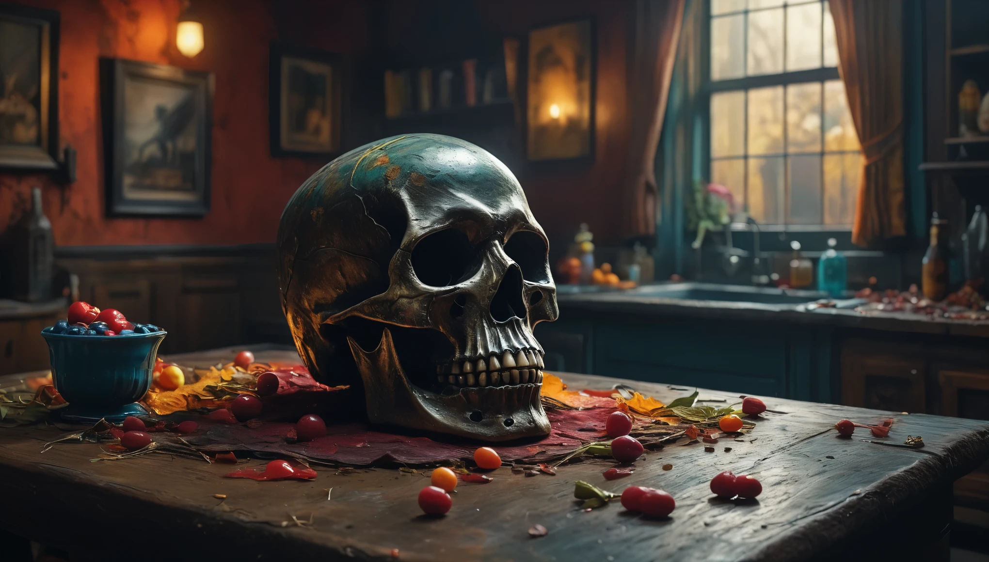 skull with bulging eye, ninja skull, art deco skull, full 4k face, skull well balanced in color, with dark background, animalistic background with blur as if quoted with a moon in the center, thunder, lightning, luminous, dynamic, cent broken skull in two, but not exactly, with 2 chairs and a table in the center, podcast, 100 of the broken cane with lights reflecting off the table and chair, with splashes of colored cutouts, with elemental being crushed, shattering everything around it, everything in the Cracked main floor with saine panque art custom fashion with depth and upholstery w/ microphone on wrestling table w/ portal dark flames lapera mic early music mic oversized mic tentacles micphone shaped --auto --s2
