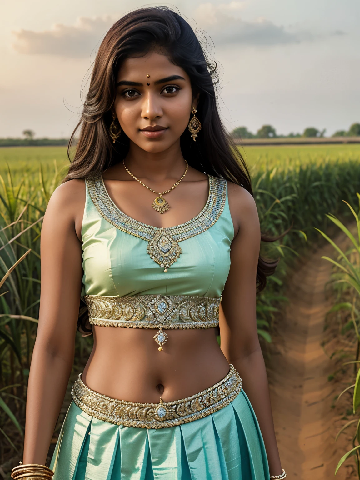 20 year old Tamil girl, inside sugarcane field, evening sky, bossy sassy photoshoot, (wearing expensive sleeveless choli, long skirt), (intricate detailing of face eyes nose mouth full lips & body parts), textured skin, smile:0.6, eyes symmetry, face symmetry, 256K, HDR, hyper realistic, intricate detailing, yotta-pixel image, yocto-pixel detailing