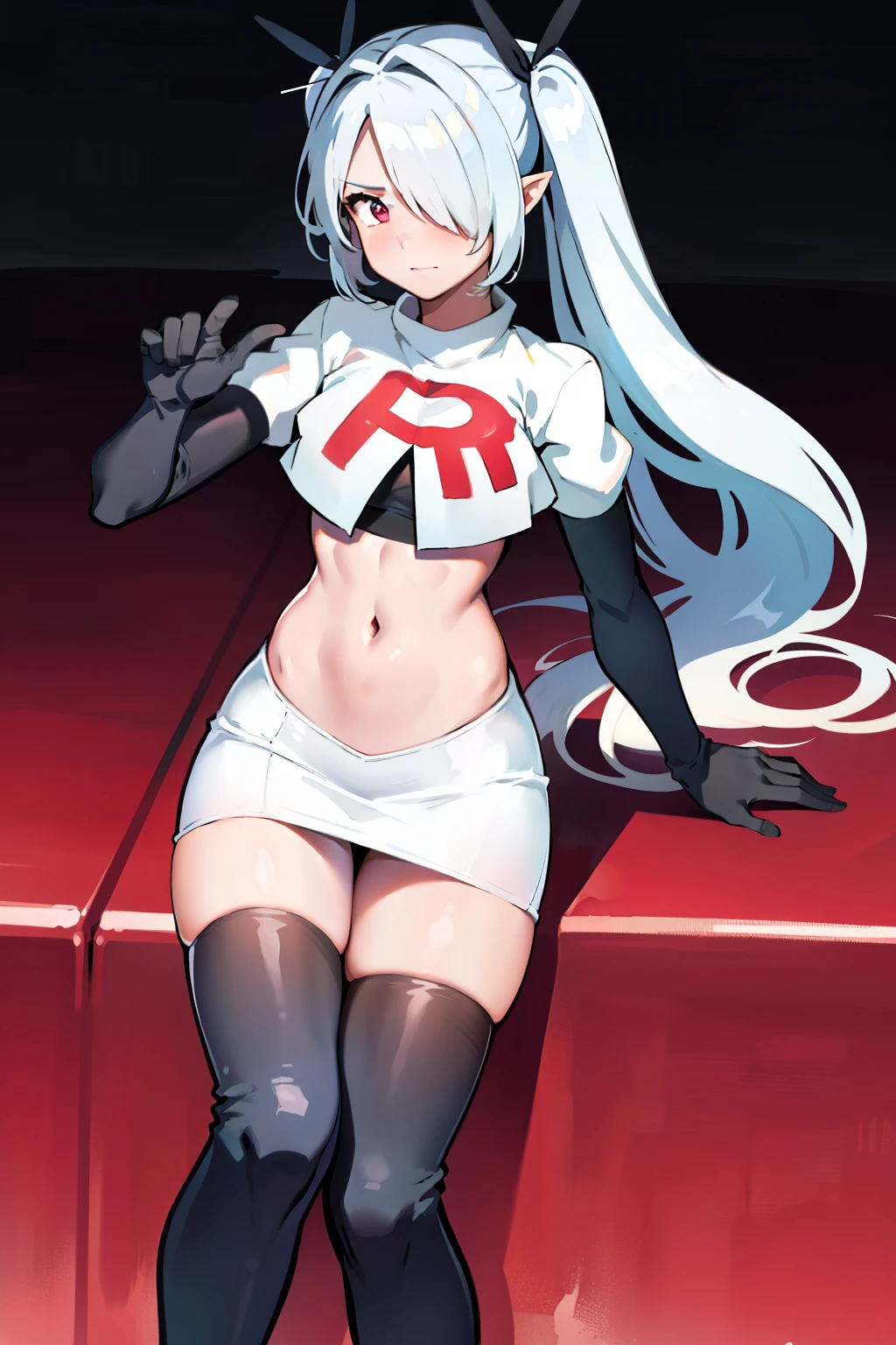 (masterpiece), 1girl, hair over one eye,magical world, shiny steps, beautiful sky, stars, jupiter, ioridef, team rocket,team rocket uniform, red letter R, white skirt,white crop top,black thigh-highs, black elbow gloves