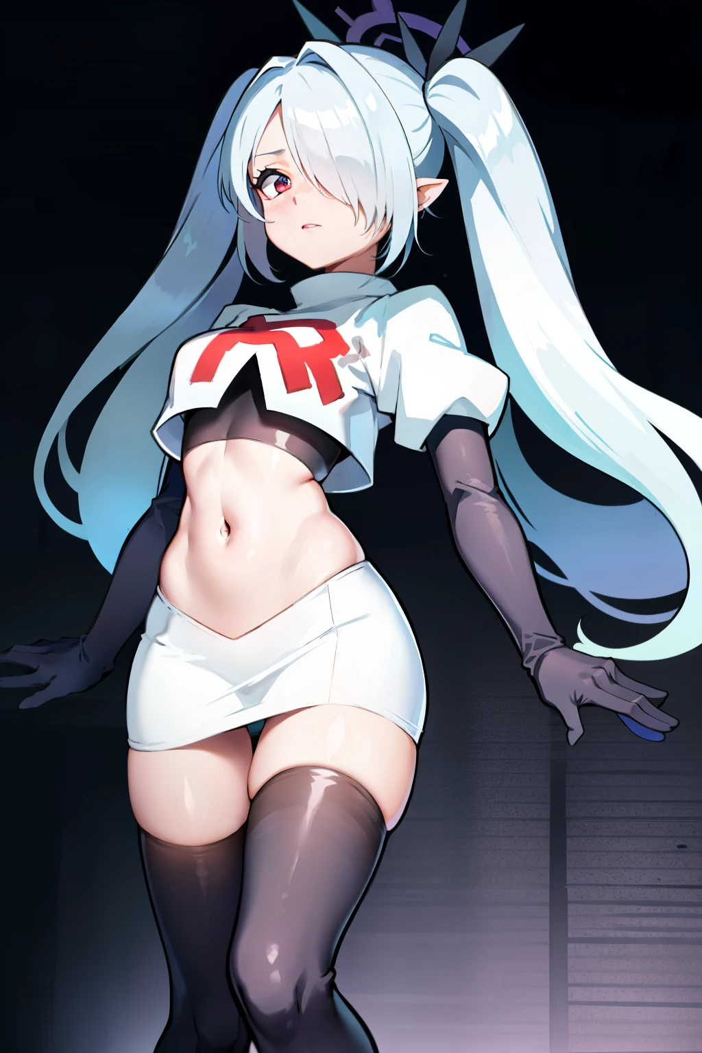 (masterpiece), 1girl, hair over one eye,magical world, shiny steps, beautiful sky, stars, jupiter, ioridef, team rocket,team rocket uniform, red letter R, white skirt,white crop top,black thigh-highs, black elbow gloves