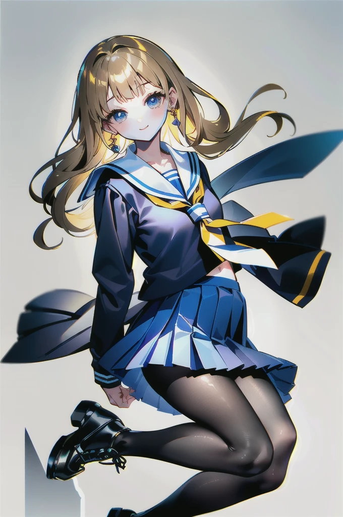 (best quality, masterpiece:1.1), upper body, (1female), happy face, golden hair, medium hair, curly hair, dreadlocks, (serafuku, sailor collar, necktie), (pleated skirt blue skirt, pantyhose, black footwear, shoes), Single earring, (white background:1.3),