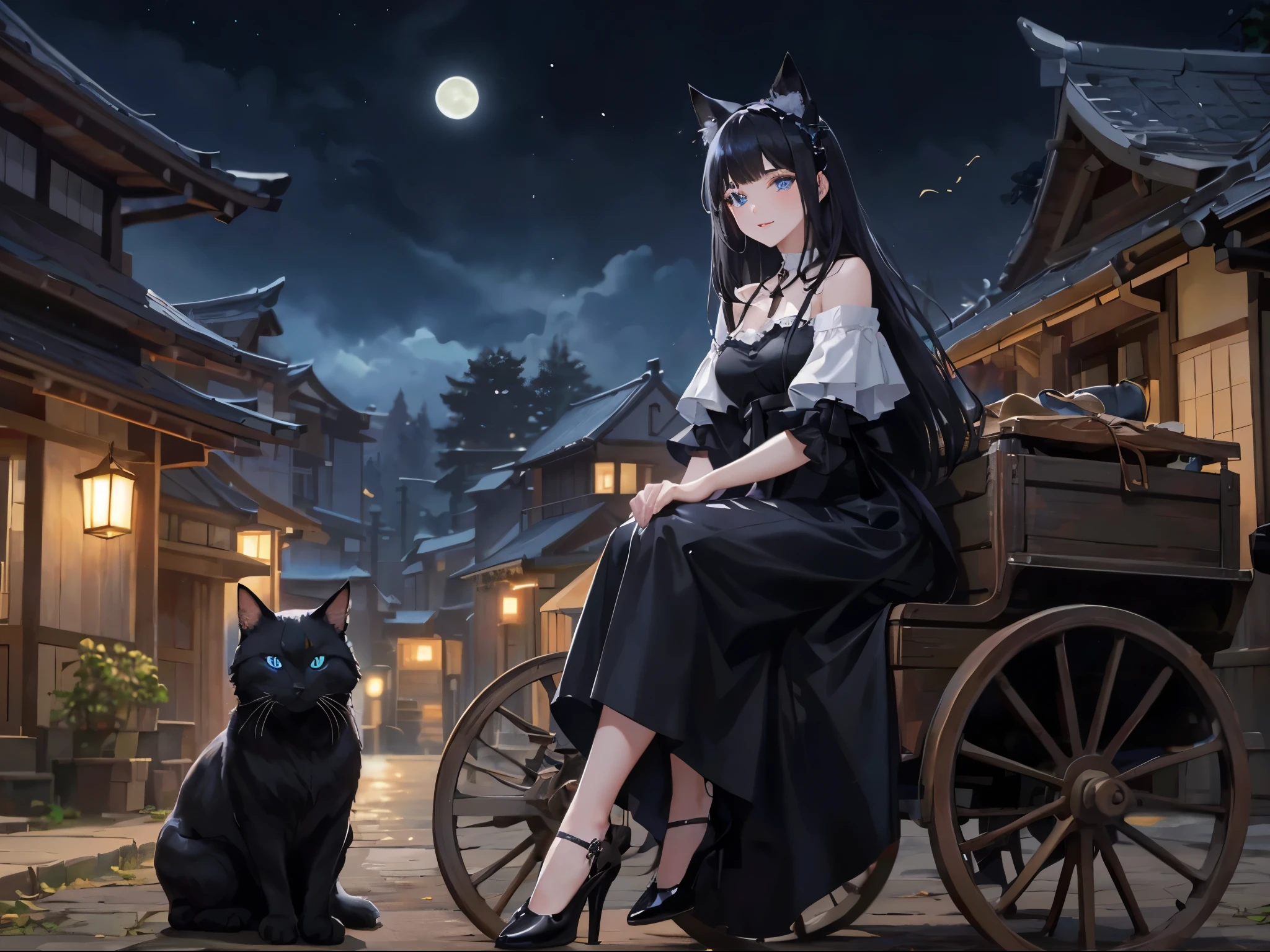 Beautiful girl with witch-like cat ears, beautiful blue eyes, long black hair, mysterious smile, ((the woman's face is beautifully detailed)), moonlight, black dress, black in a rural town at night in Japanese style Cart, black leather shoes)), ((highest quality)), ((high resolution 16k)), ((background is realistic and beautiful)), --Auto